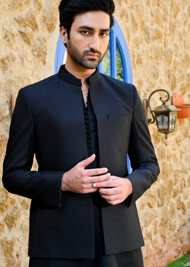 banarasi brocade Prince Coat in Black by HK Fashion