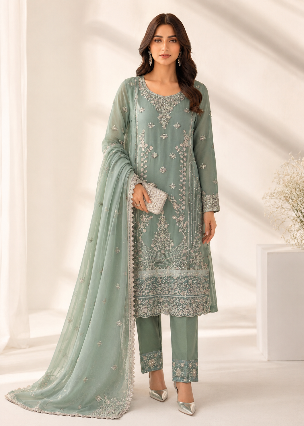 chiffon Kurta Set in Sea green
