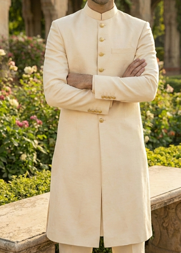 jamawar Sherwani in Wheat, gold