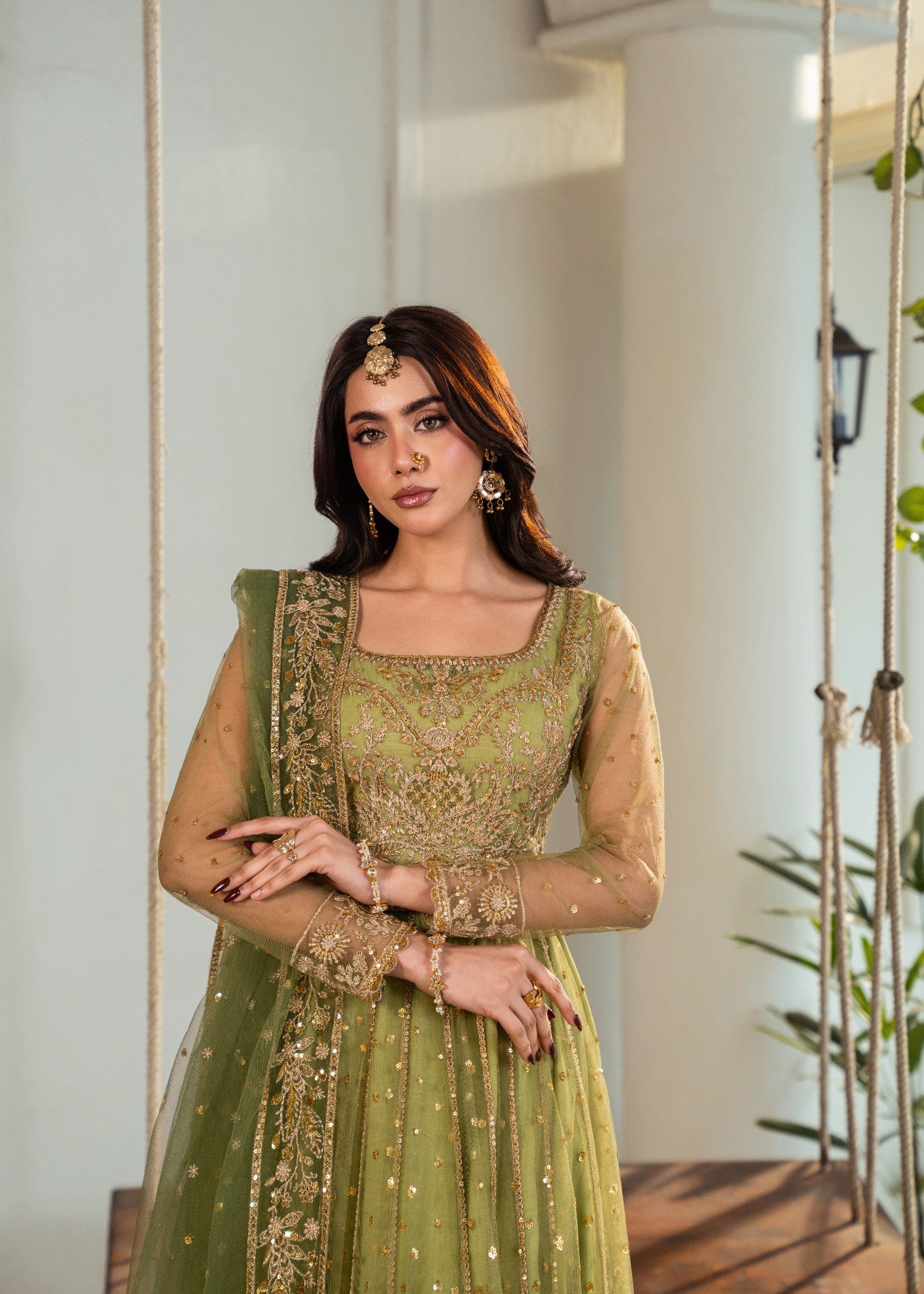 net Lehenga in Olive green
