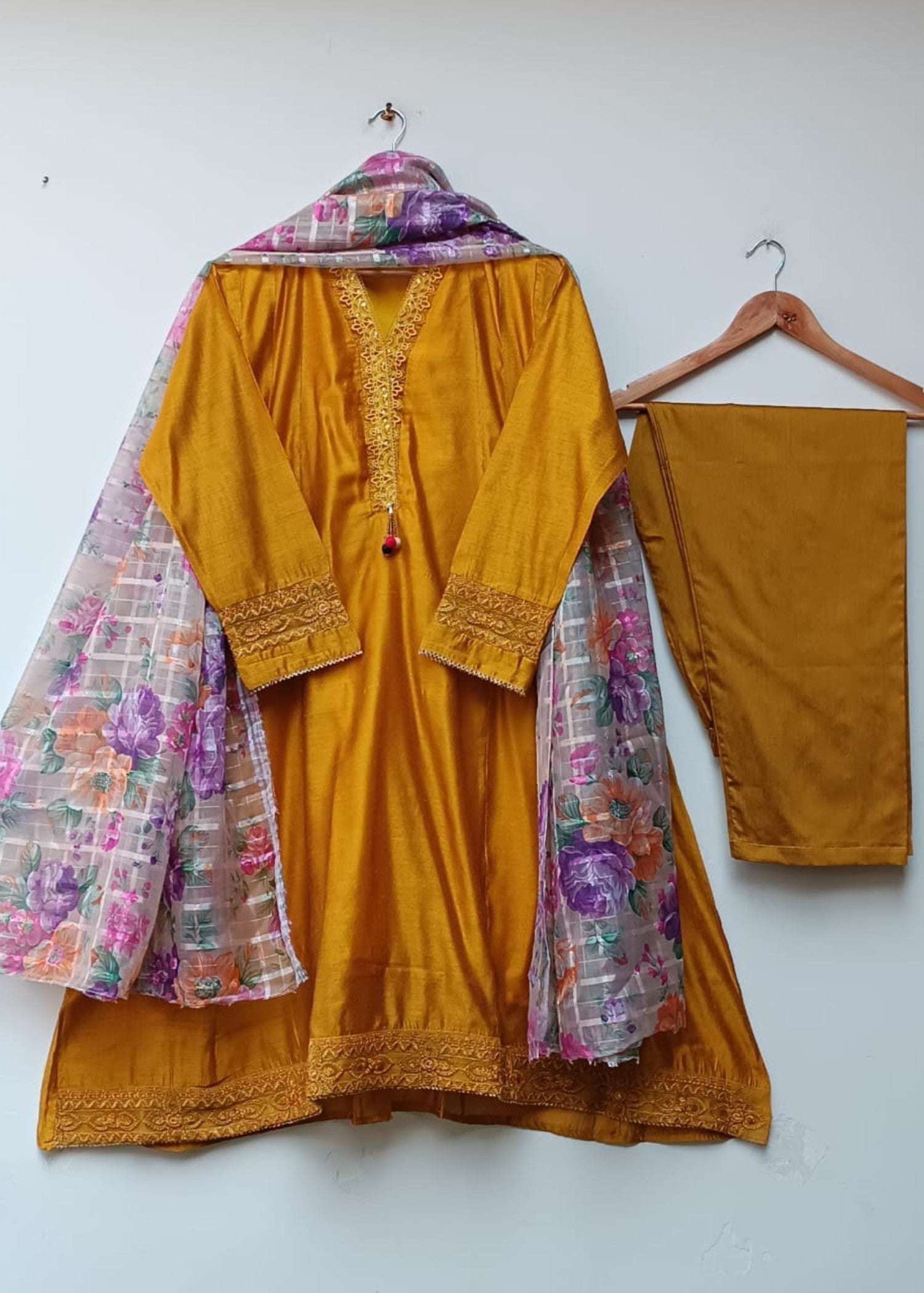 khaddi net Anarkali in Mustard