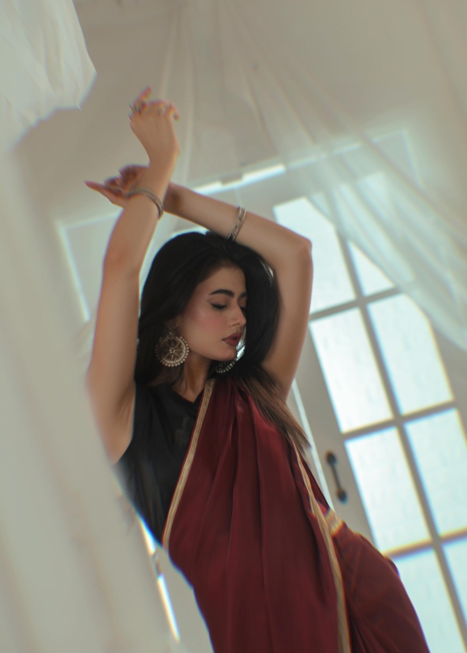 silk Saree in Maroon, black