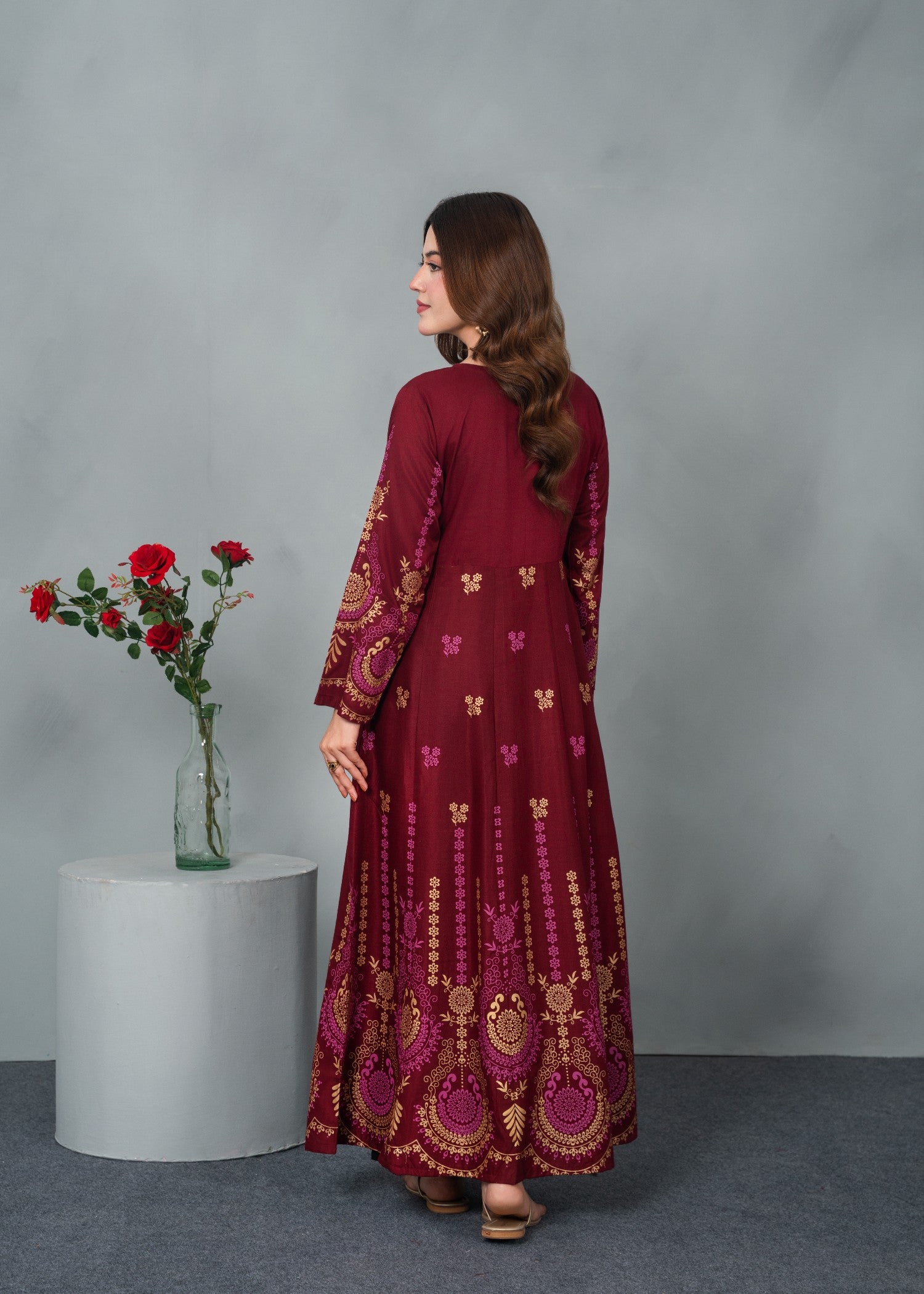 linen Anarkali in Maroon