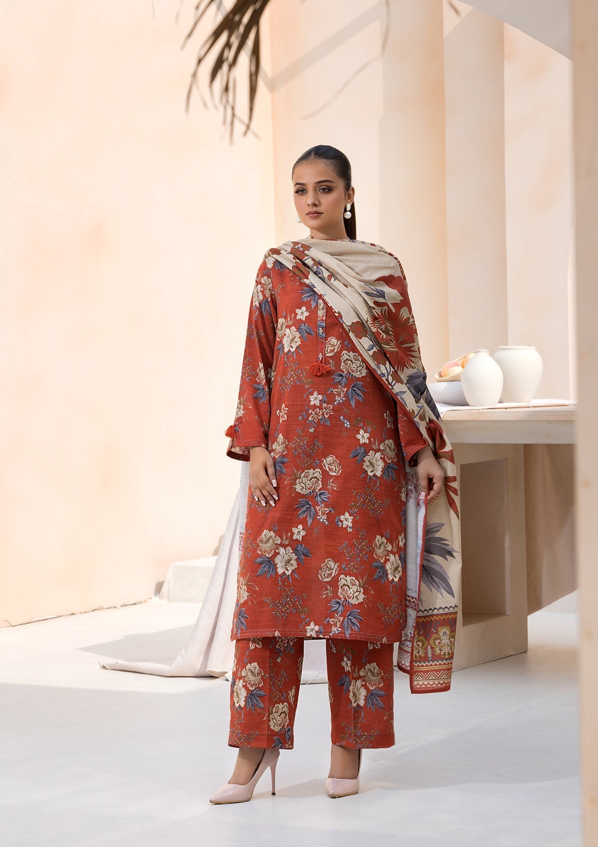 khaddar Kurta Set in Rust red
