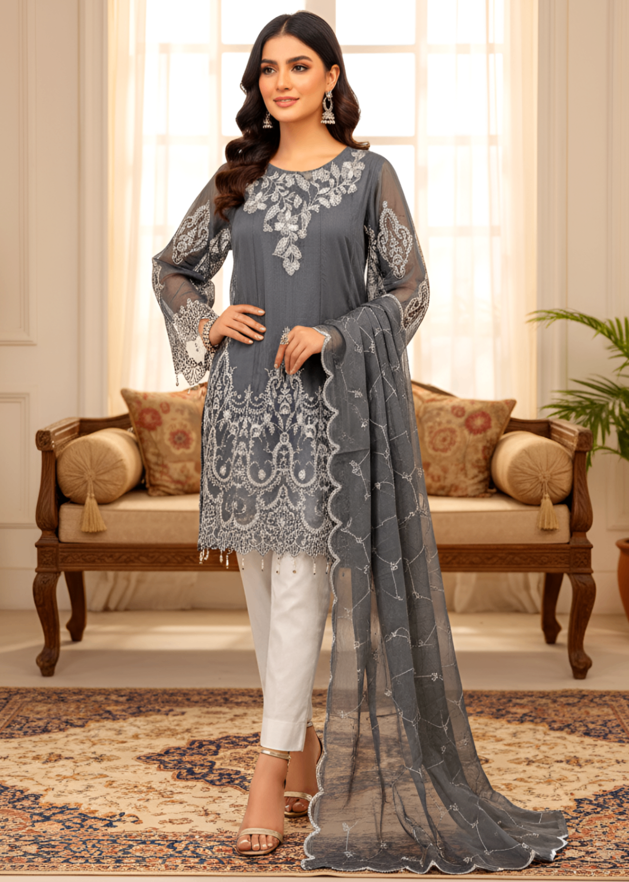 khaddi net Short Frock in Grey