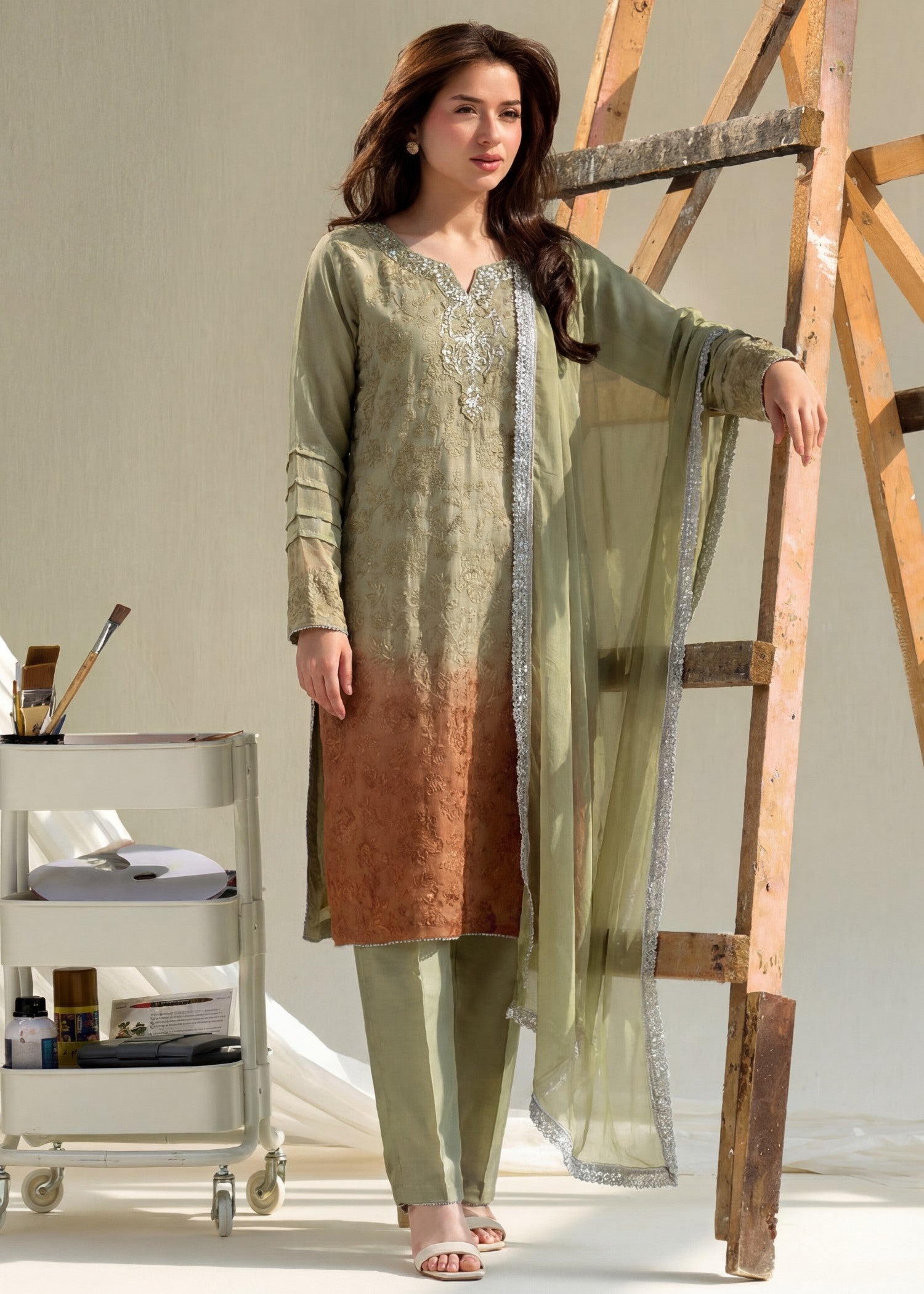 khaddi net Kurta Set in Sage green