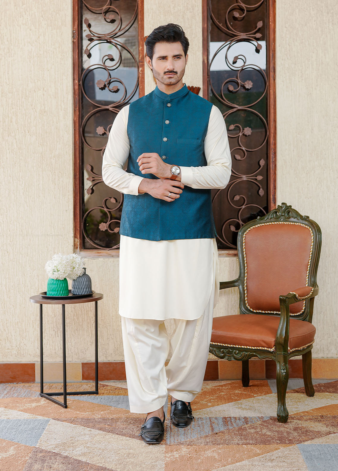 banarasi jamawar Waistcoat in Yale blue