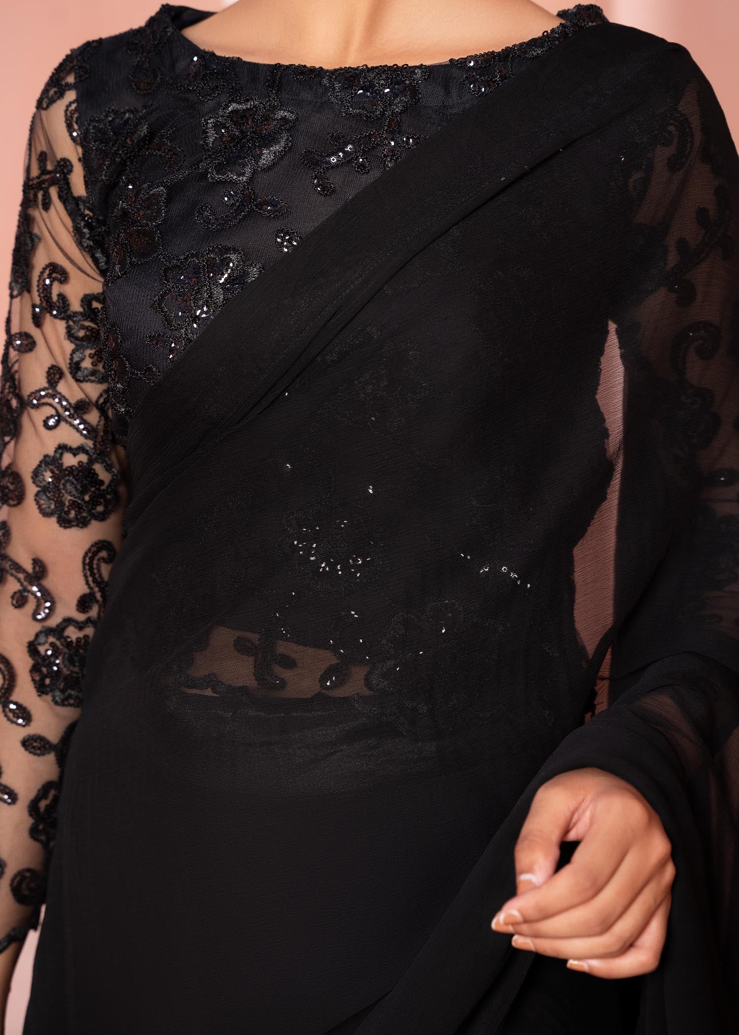 net Saree in Black