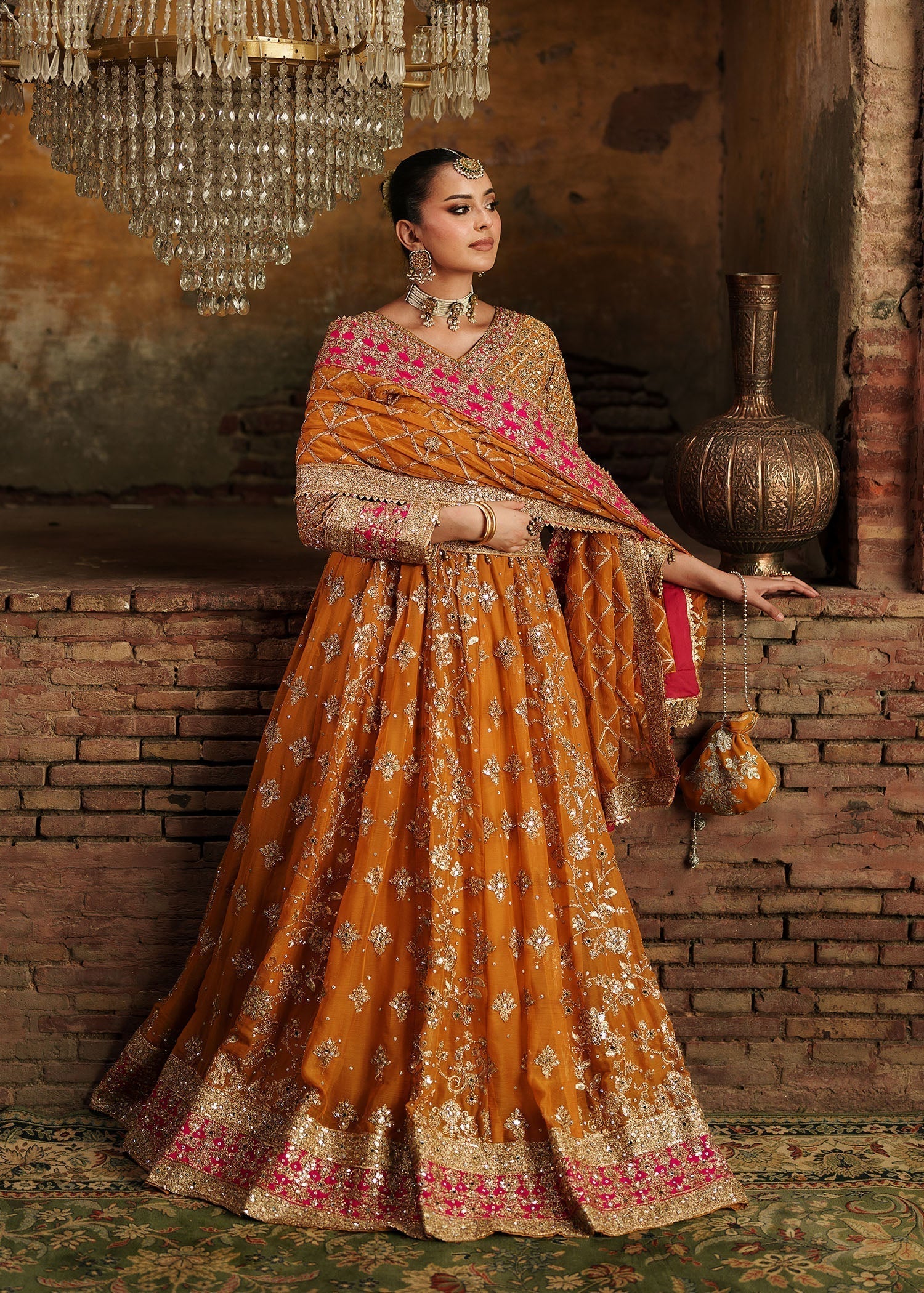 chiffon Lehenga in Yellow-orange