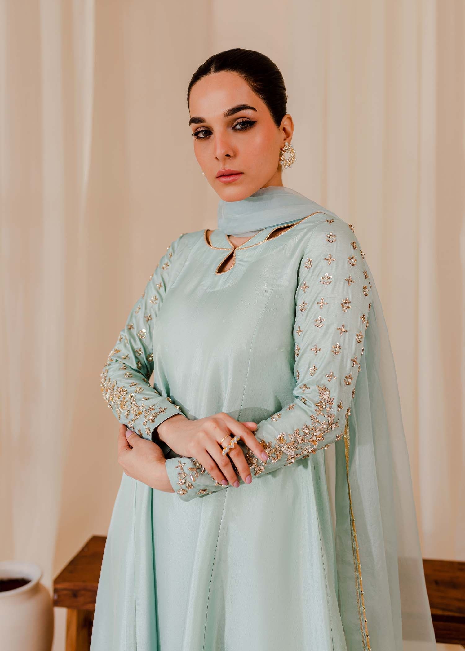raw silk Pishwas in Ice blue