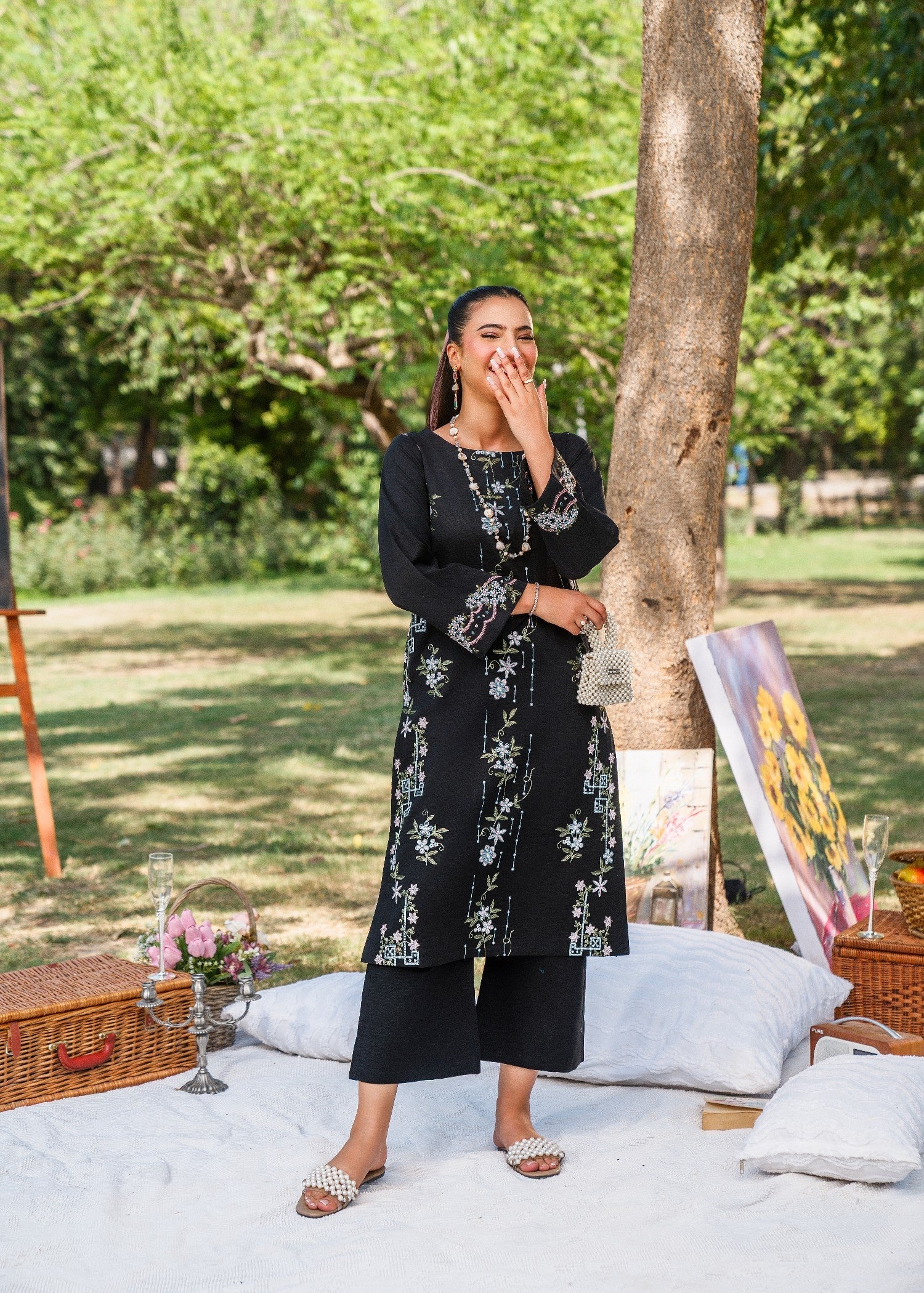 textured lawn Kurta Set in Jet black