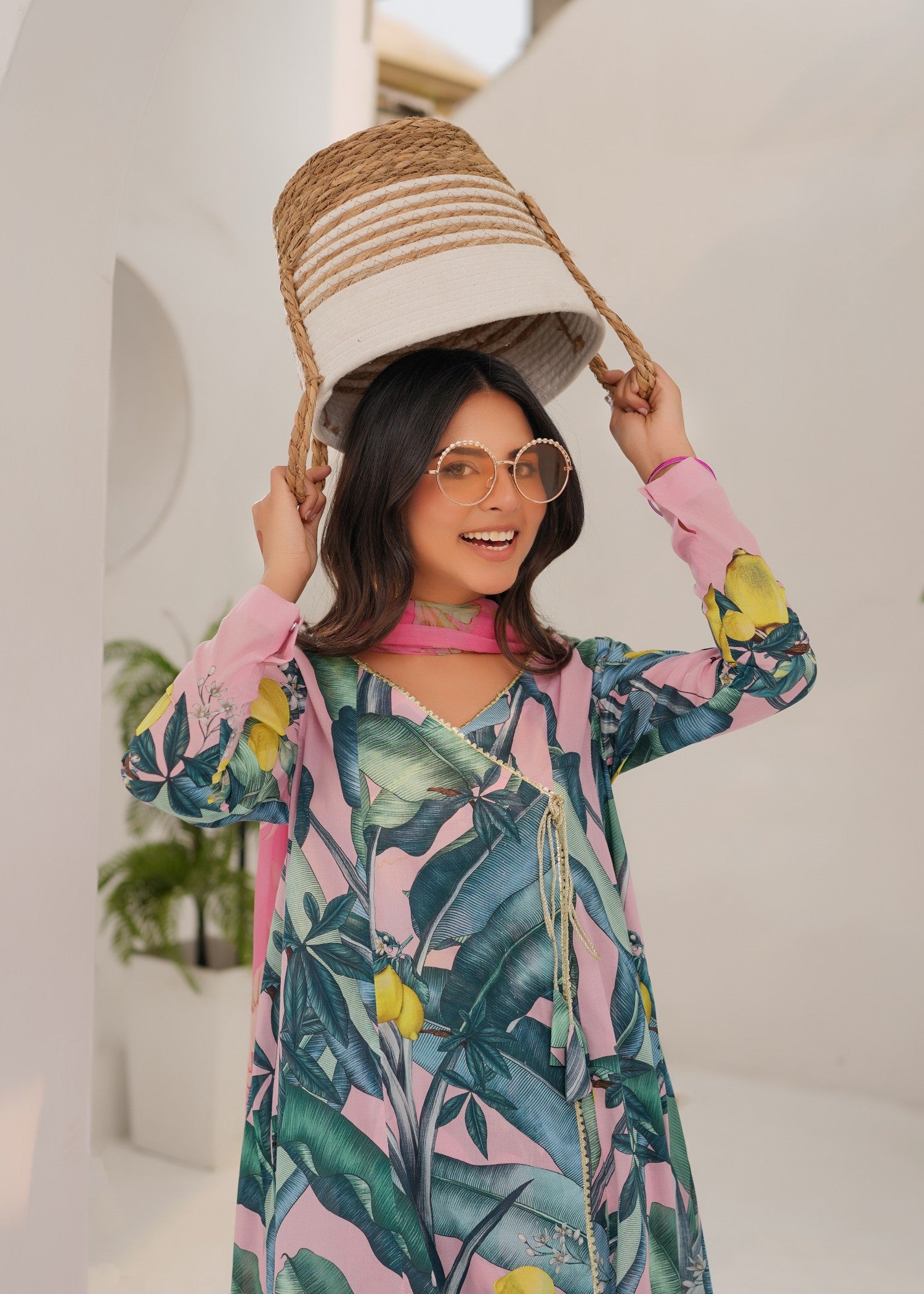 lawn Angrakha in Pink