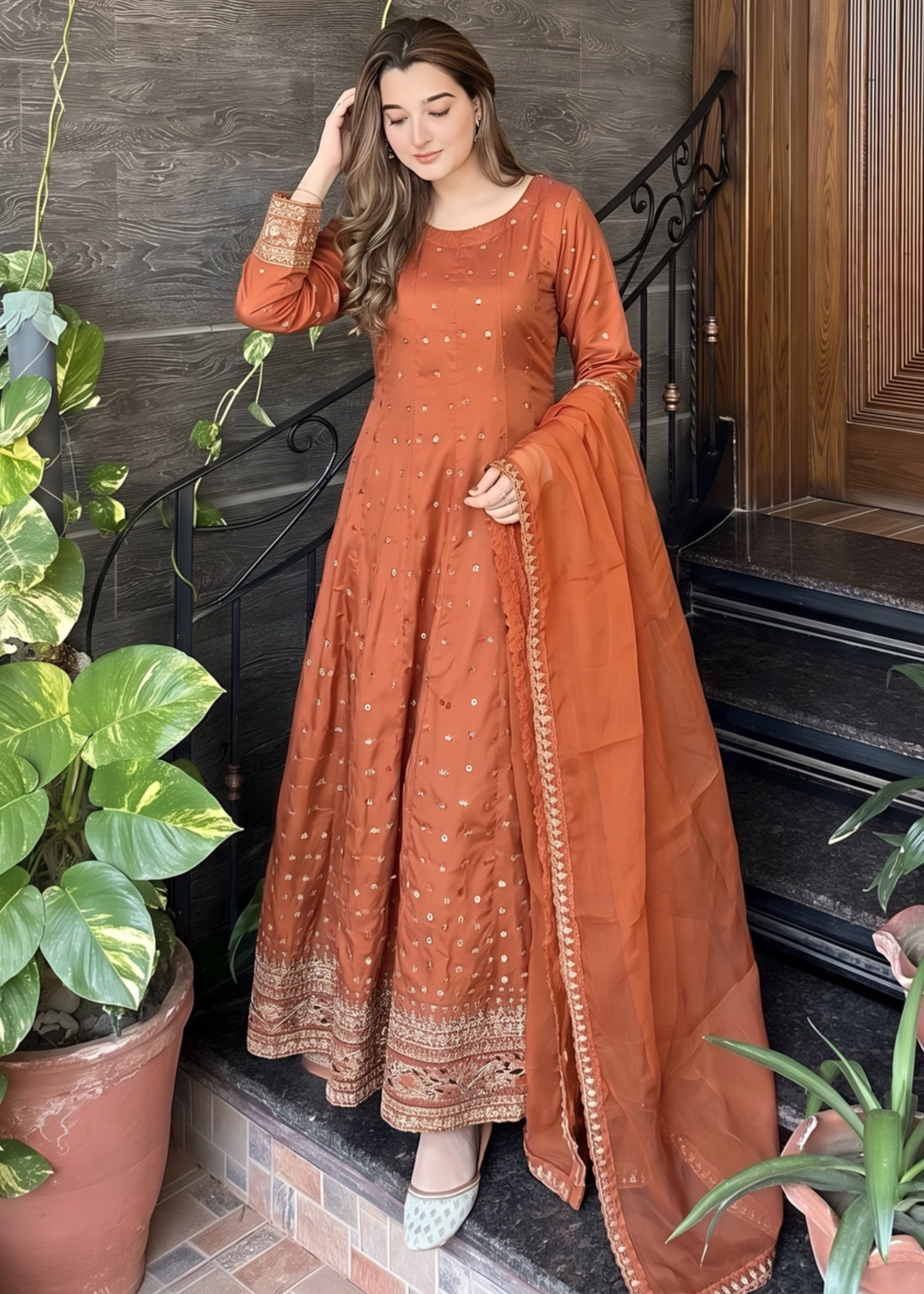 silk Pishwas in Rust orange