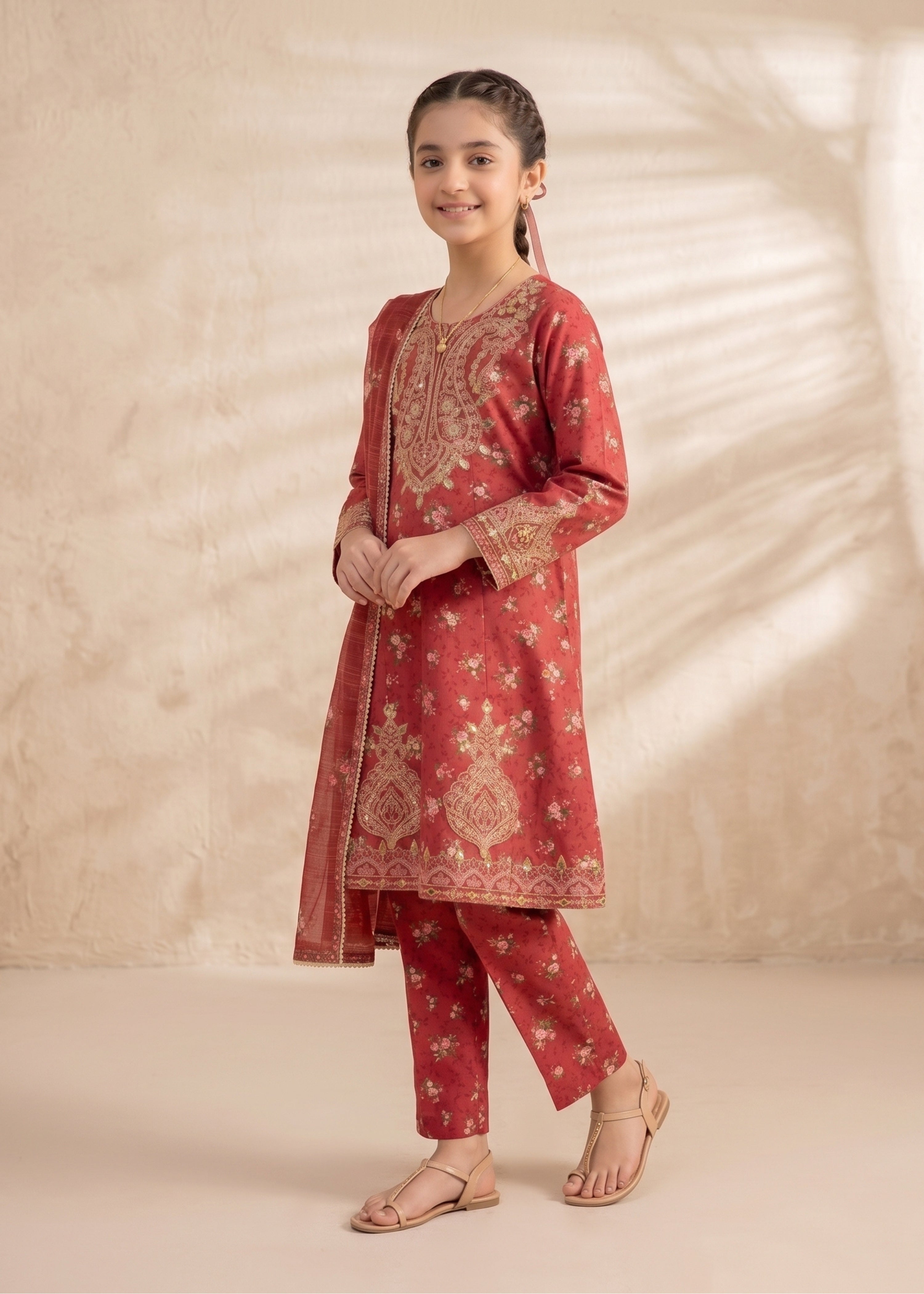 lawn Short Frock in Red