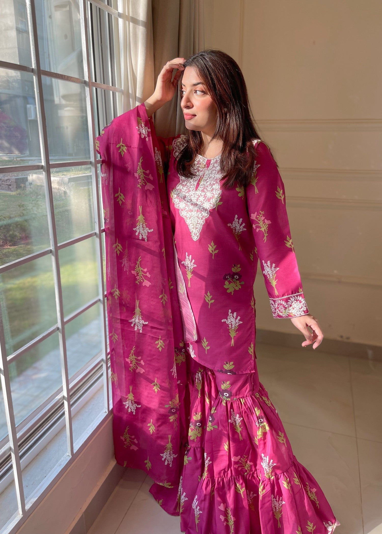 poly lawn Gharara in Fuchsia pink