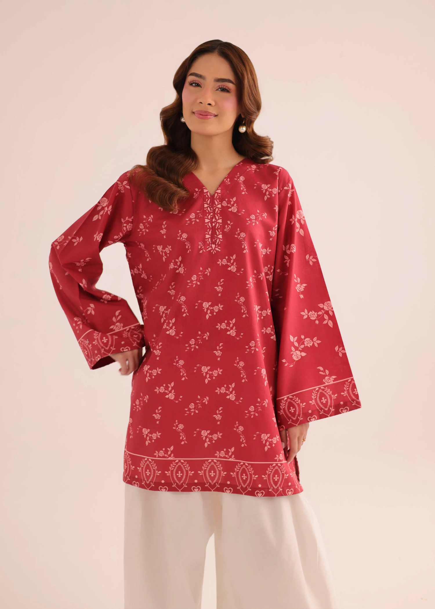 poly lawn Kurti in Brick red
