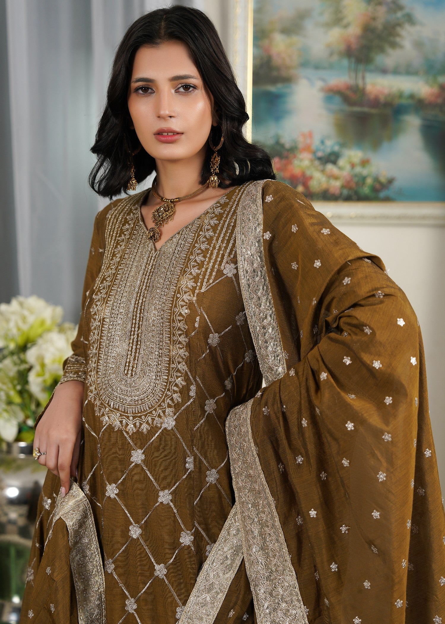 paper lawn Pishwas in Brown