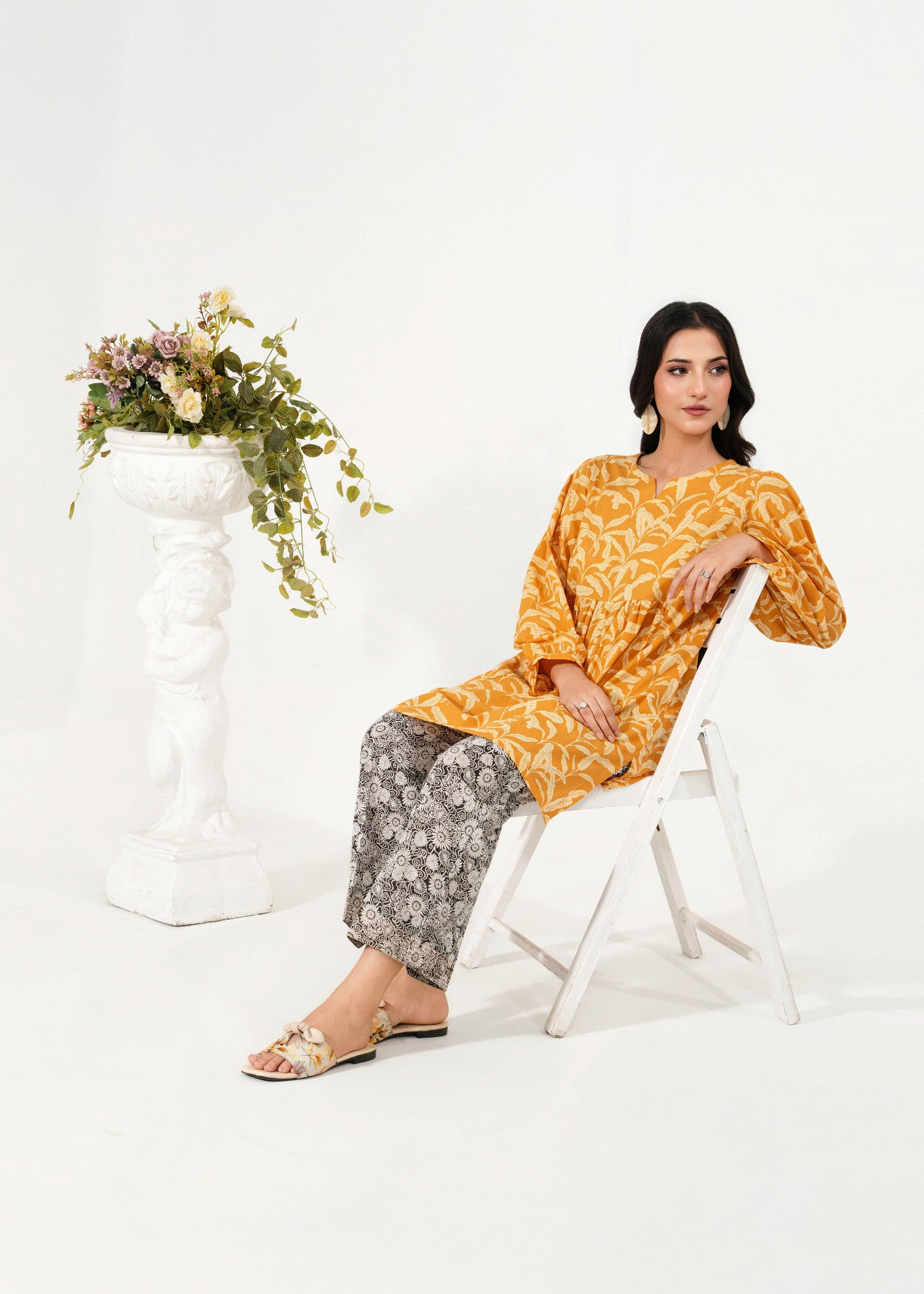 lawn Kurta Set in Black, mustard