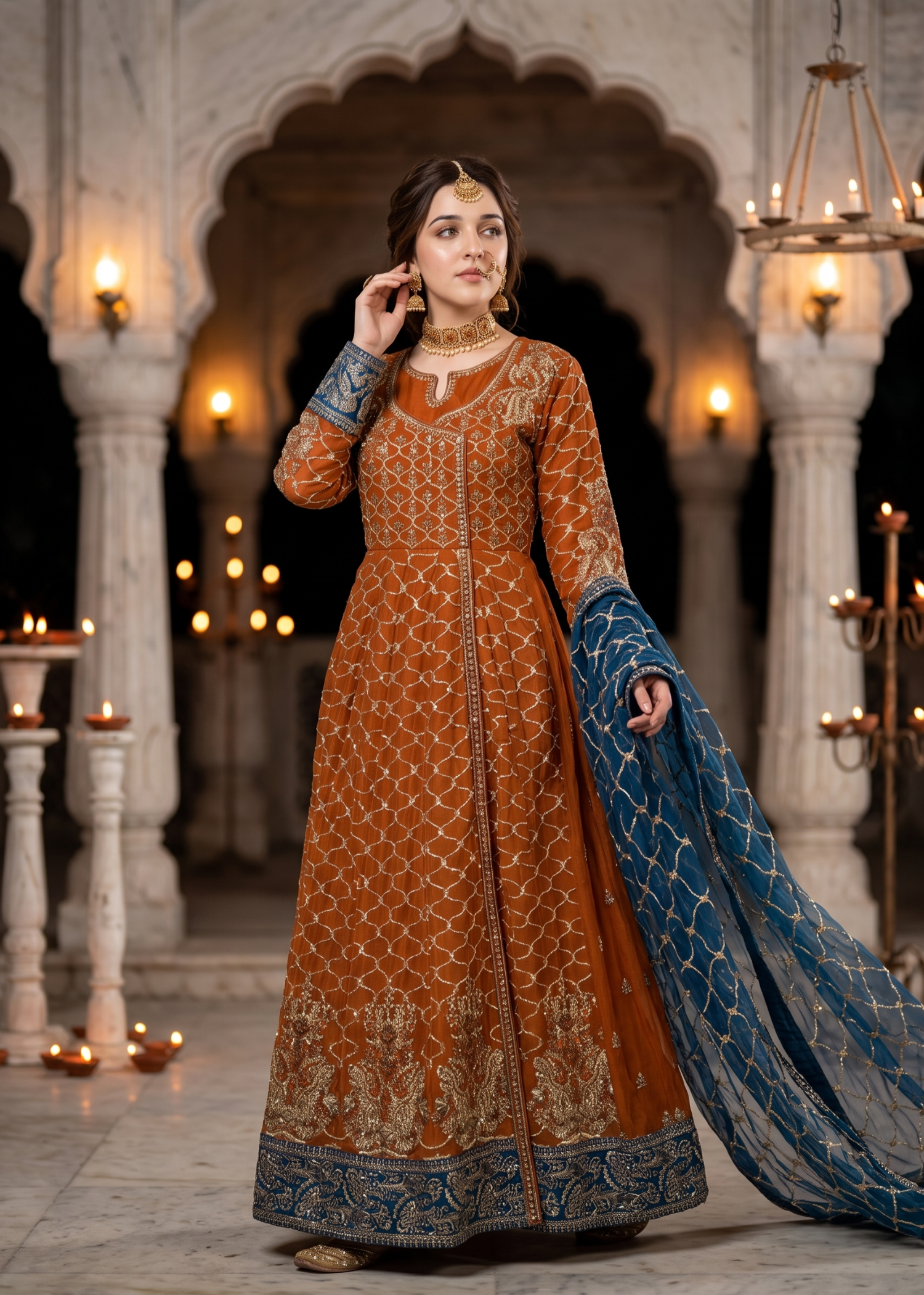 chiffon Angrakha in Rust orange, prussian blue