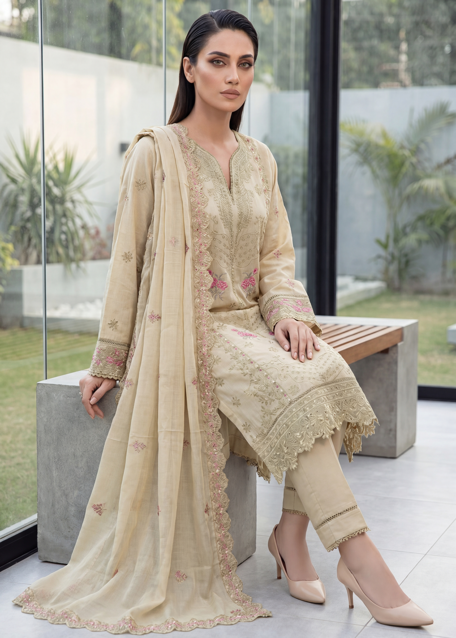 slub lawn Kurta Set in Tan brown