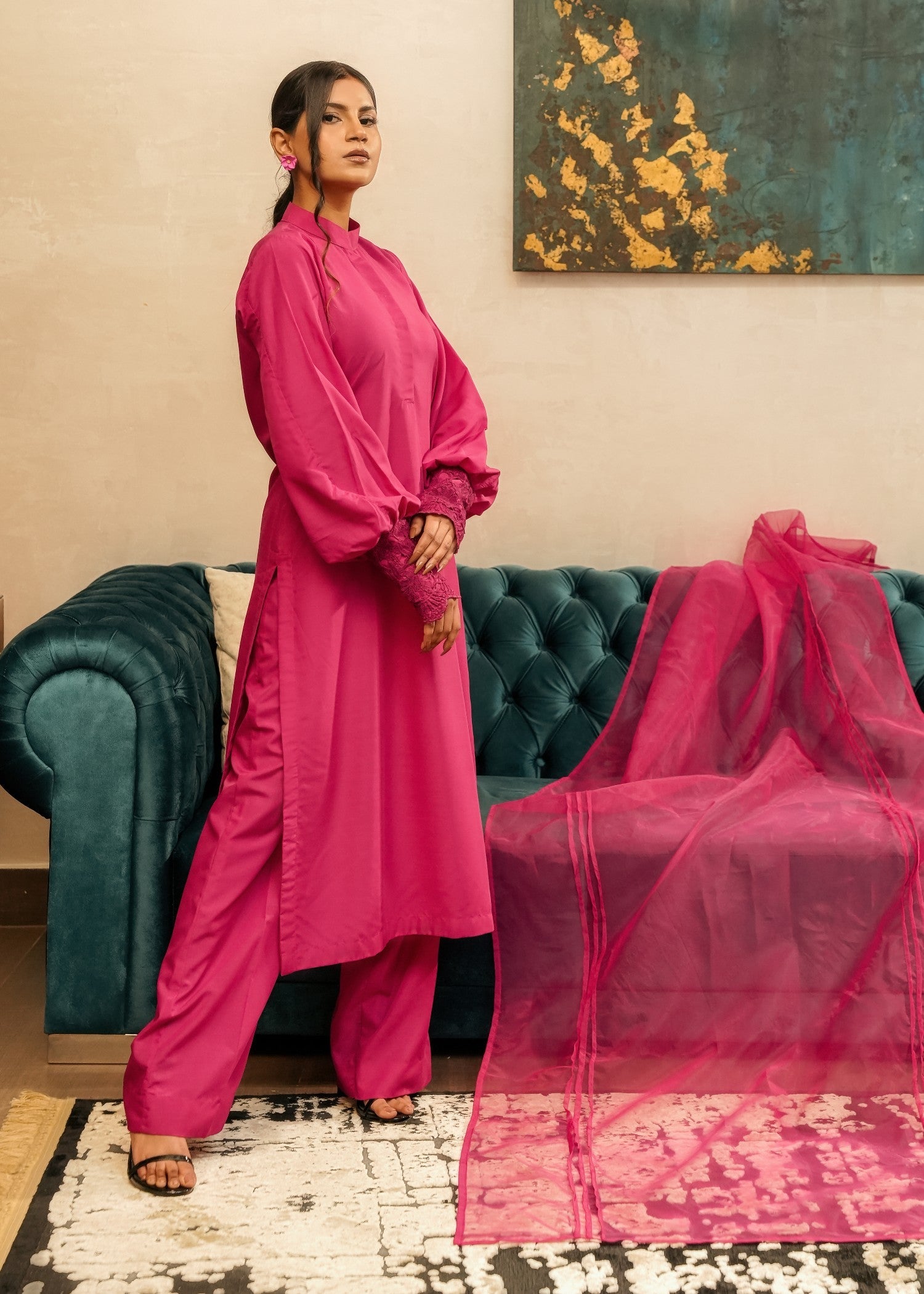 korean raw silk Kurta Set in Deep pink