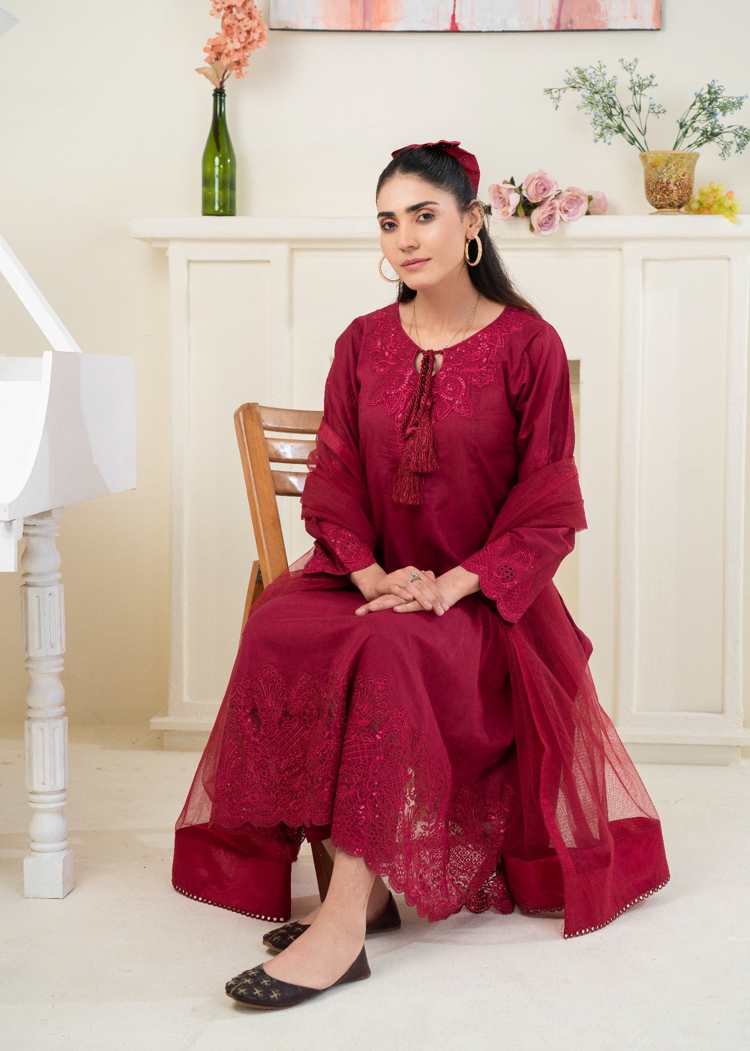 lawn Pishwas in Maroon
