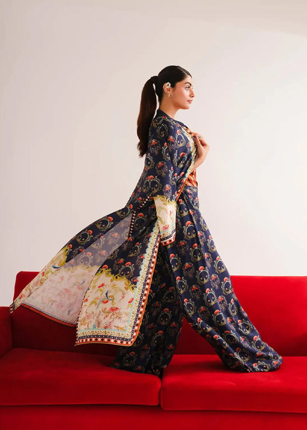blended khaddar Gown in Navy blue