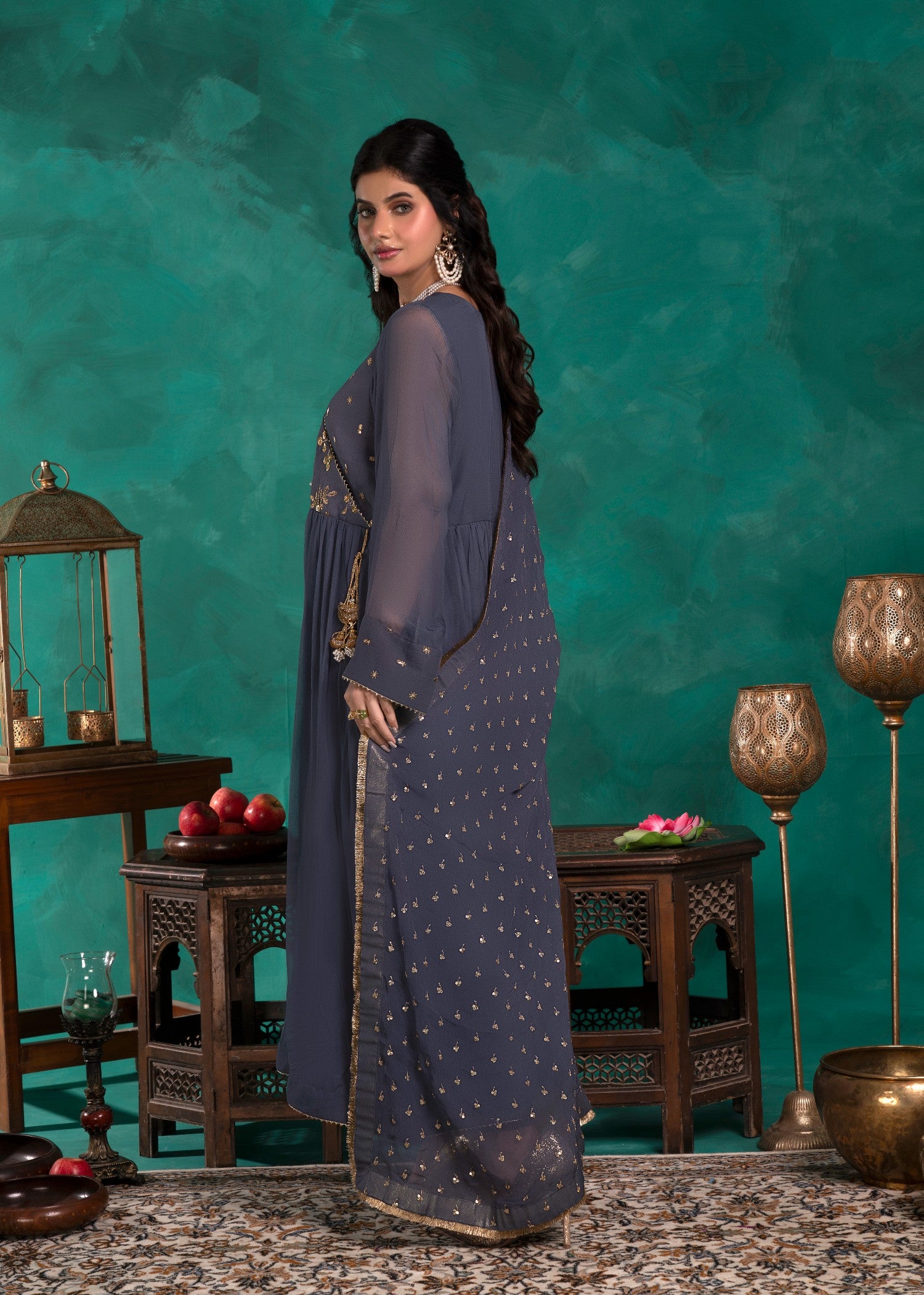 chiffon Angrakha in Slate grey