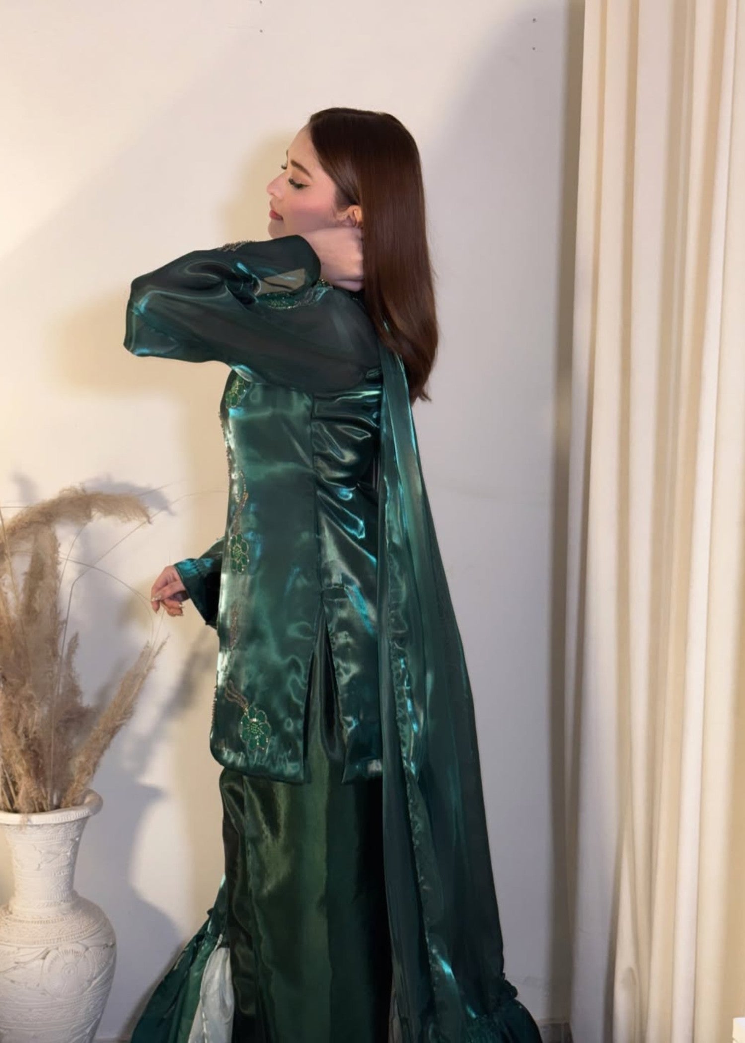 silk Kurta Set in Emerald green