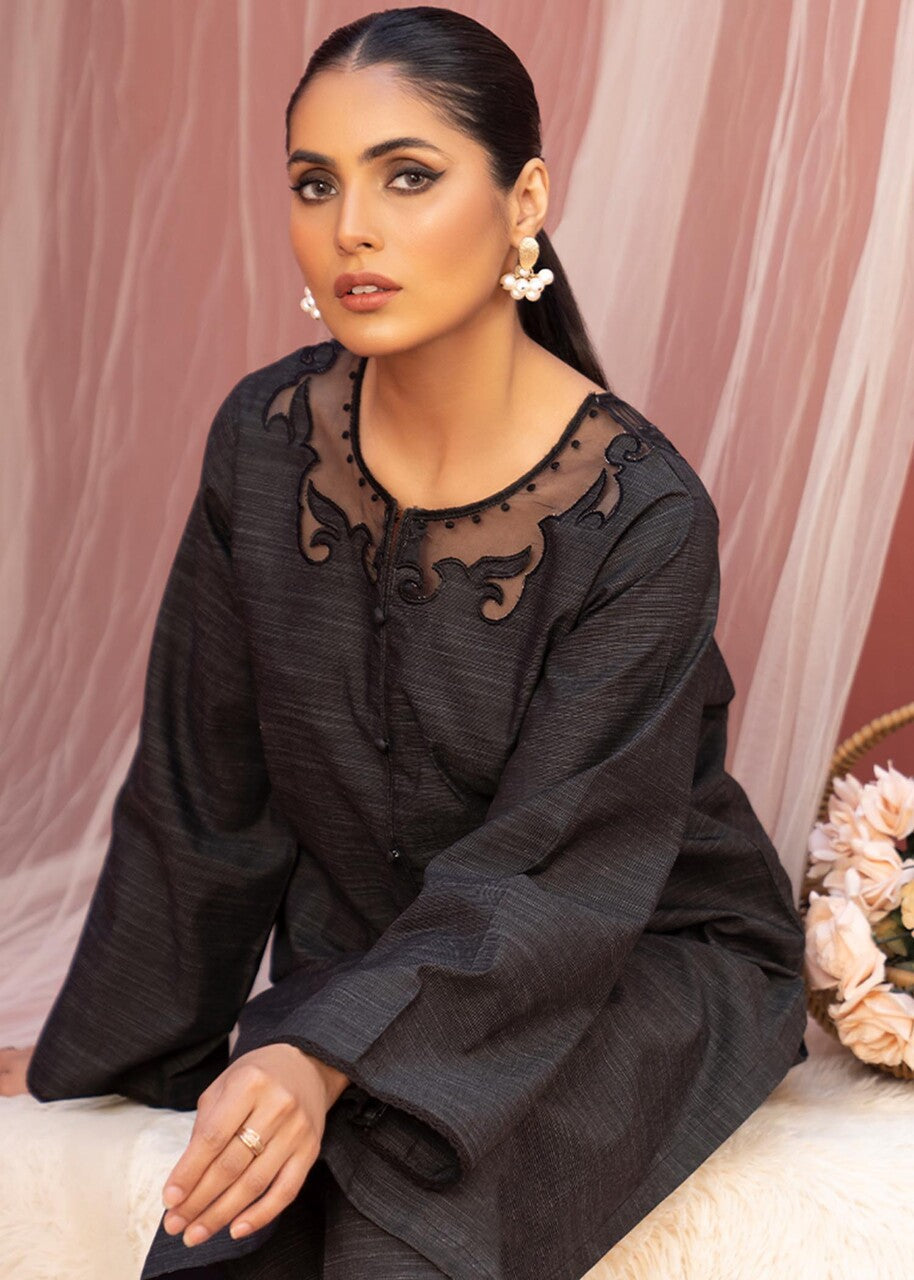 slub cambric Kurta Set in Charcoal black