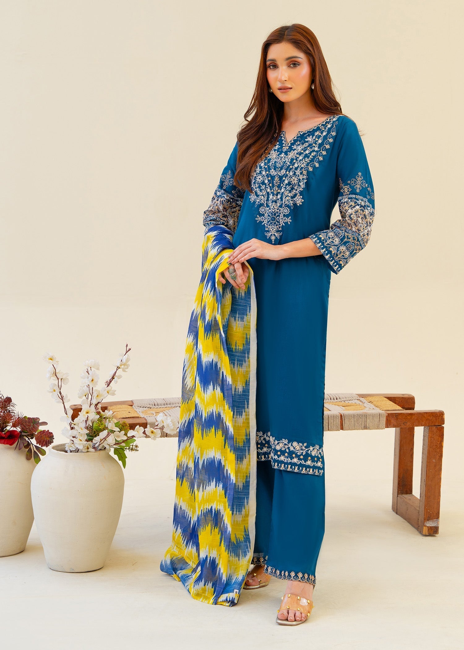 cambric Kurta Set in Teal
