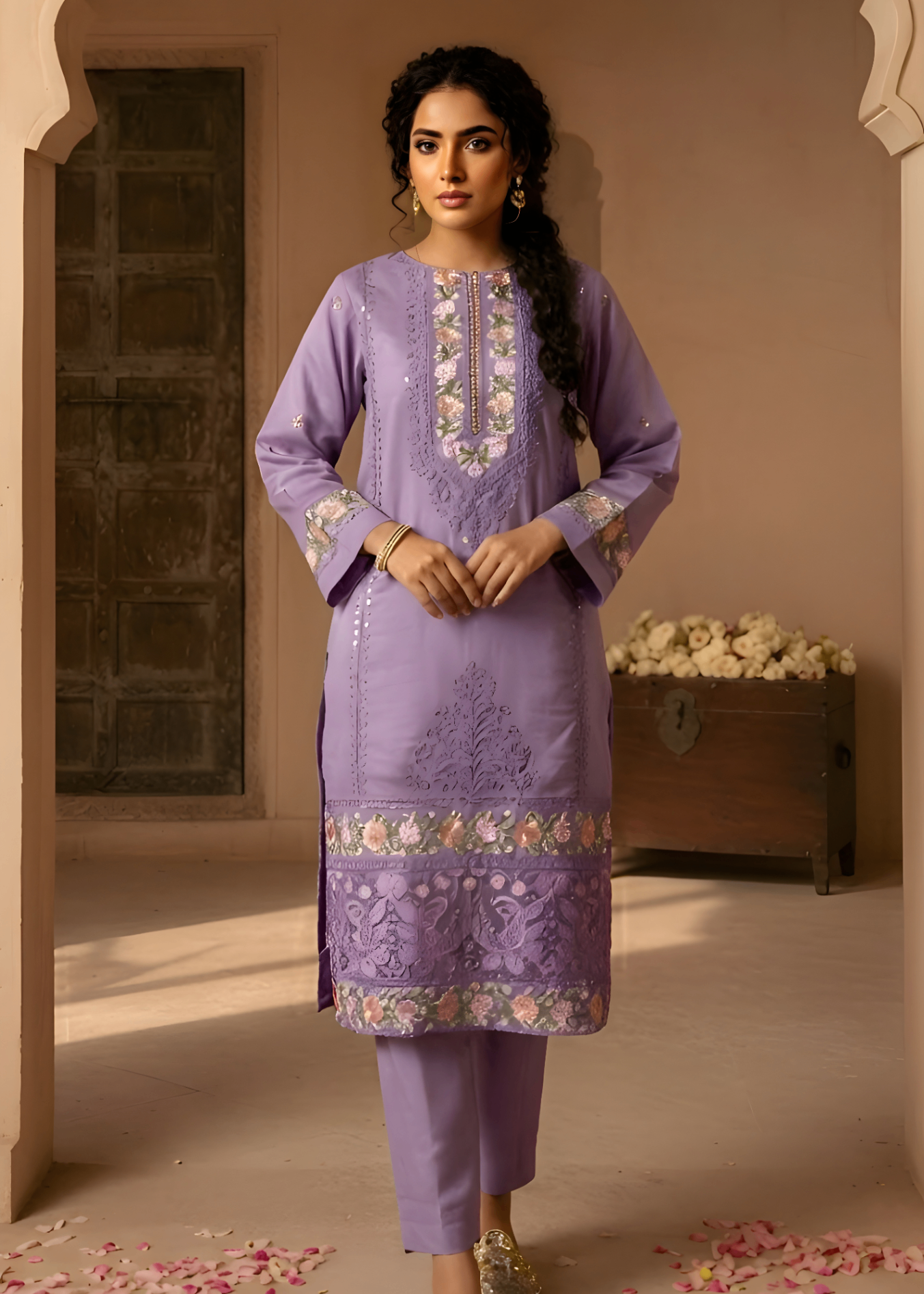 cotton net Kurta Set in Lavender