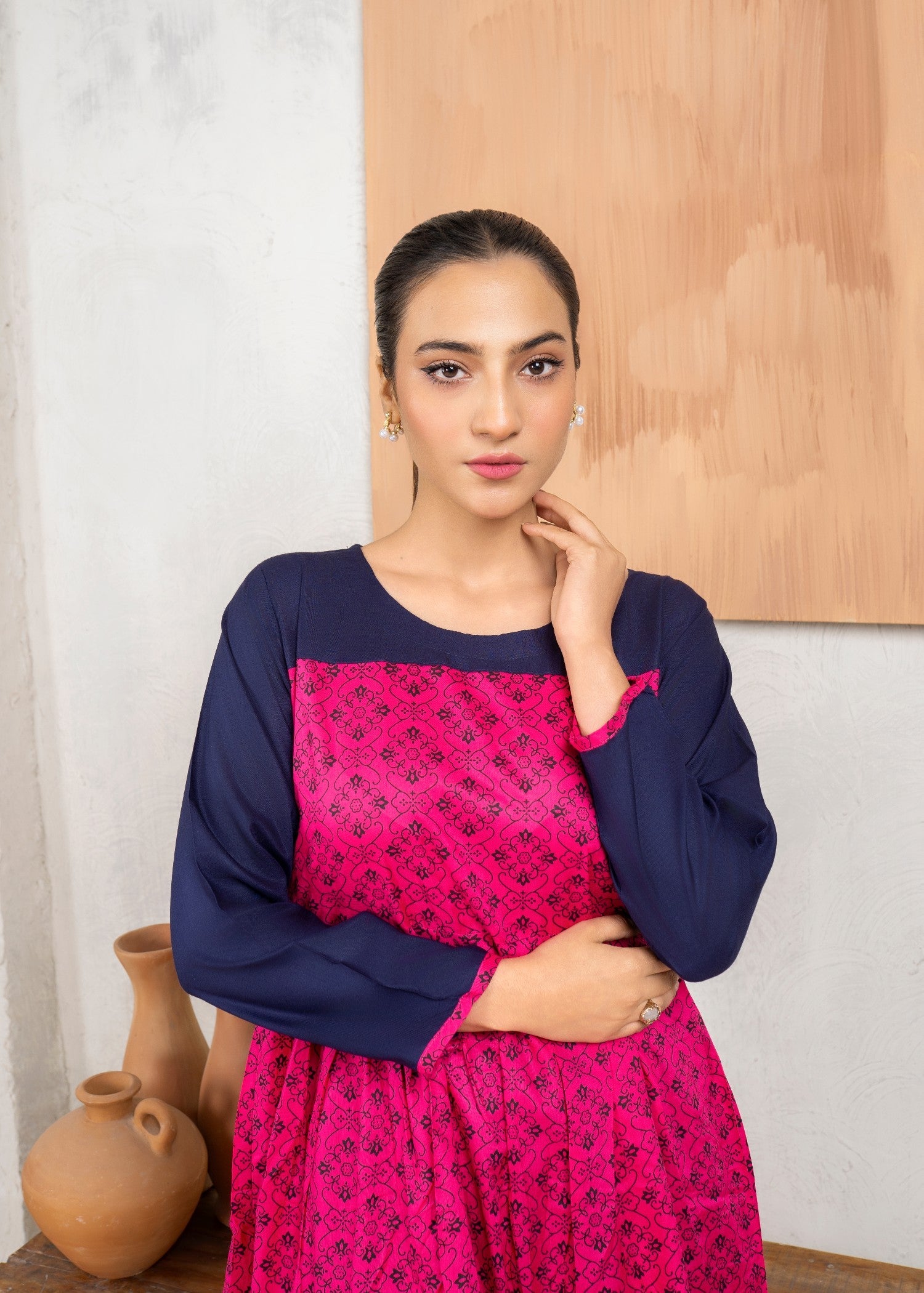 linen Short Frock in Shocking pink