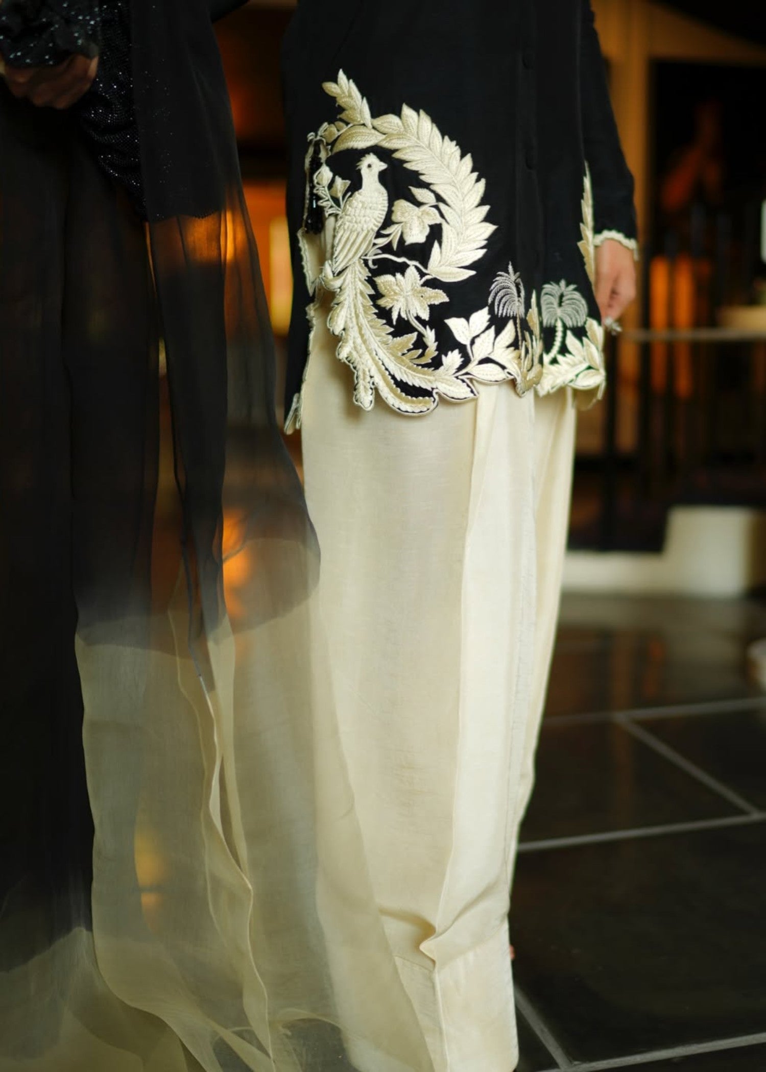 silk Kurta Set in Black, floral white