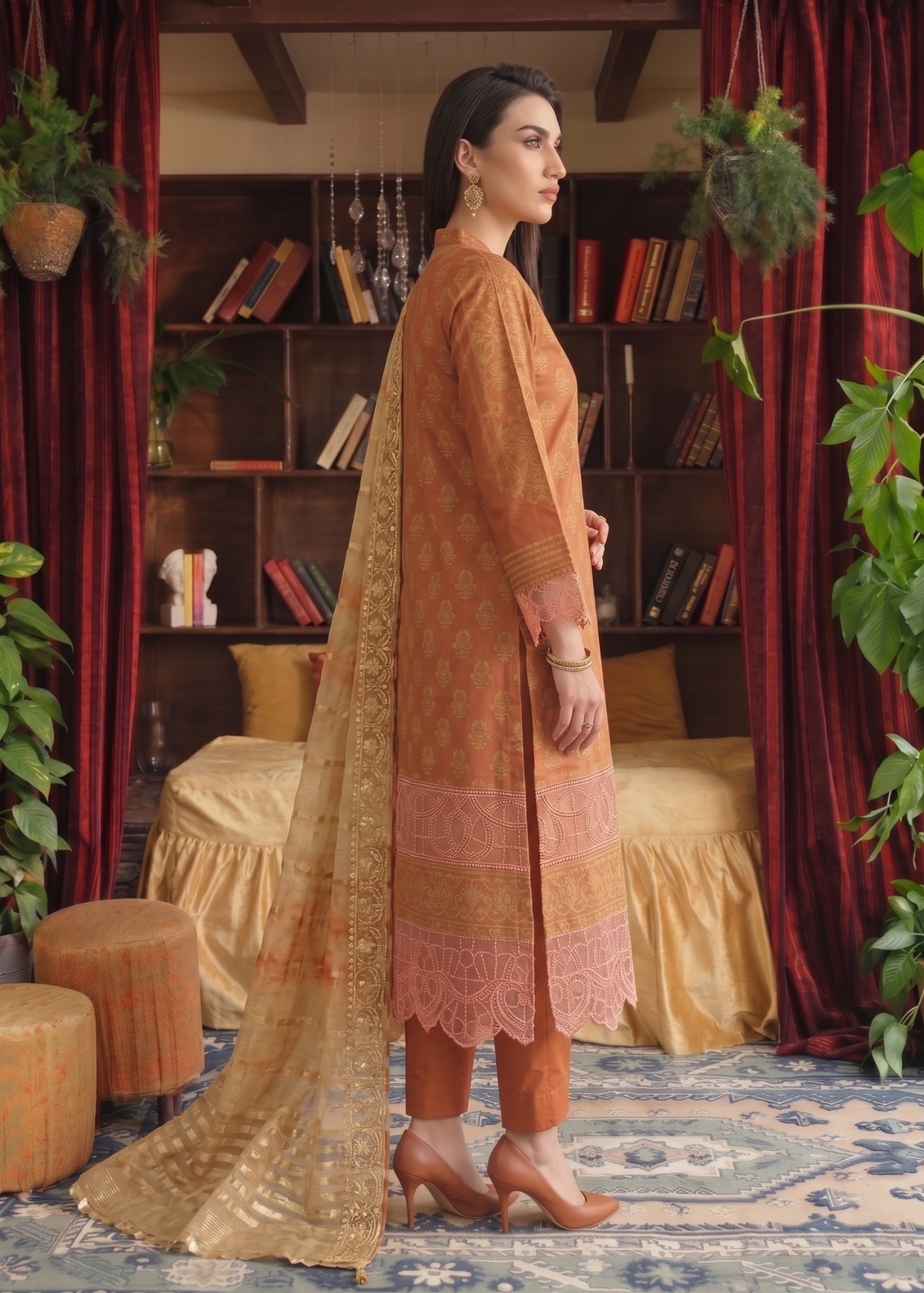 jacquard Kurta Set in Yellow-orange