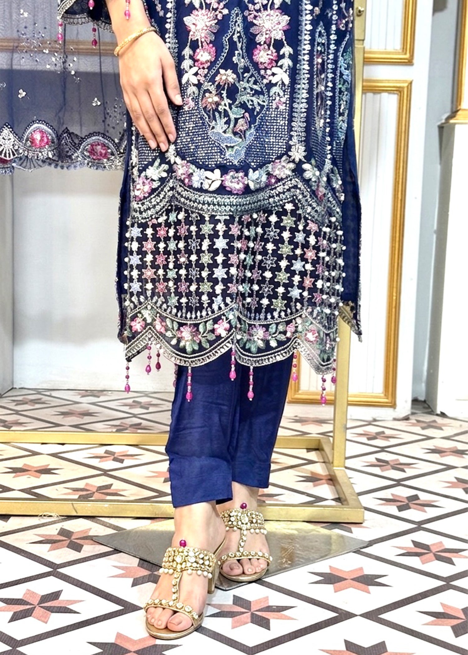 net Kurta Set in Blue