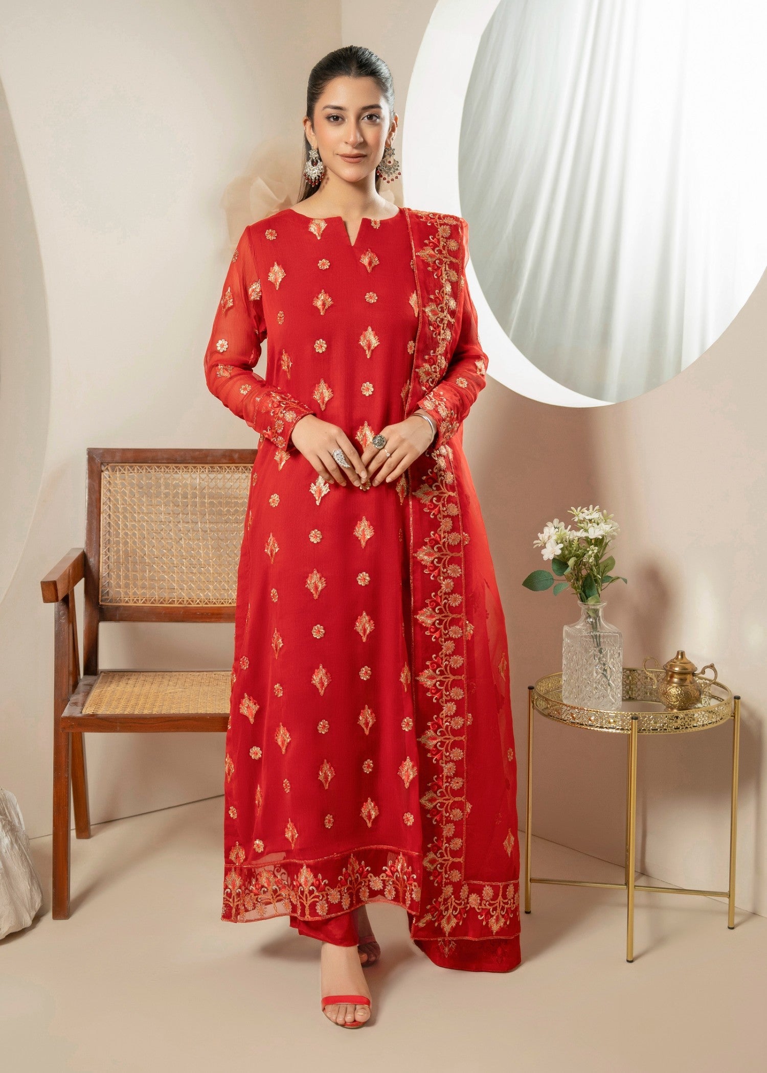 chiffon Kurta Set in Tomato red