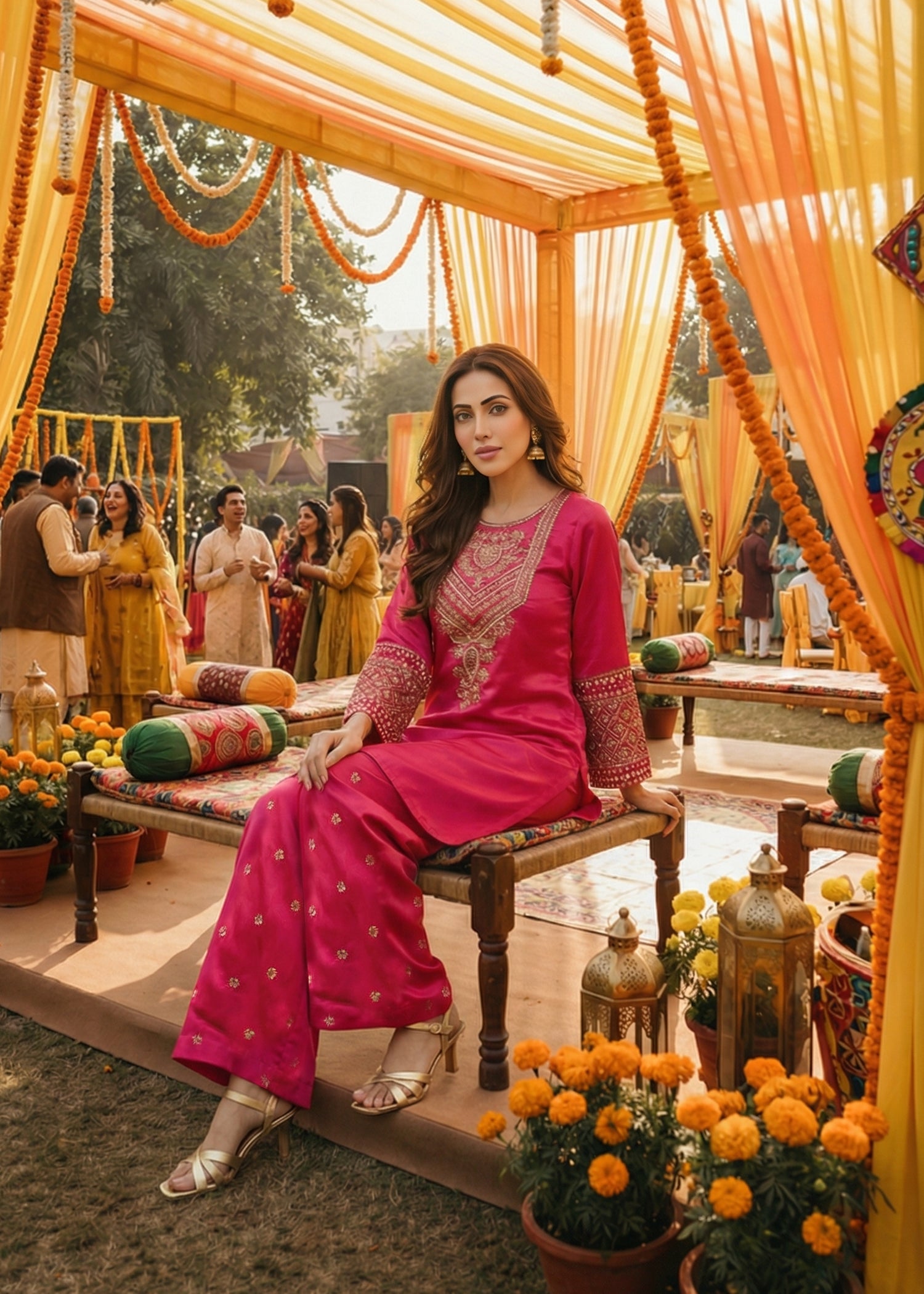 raw silk Kurta Set in Hot pink
