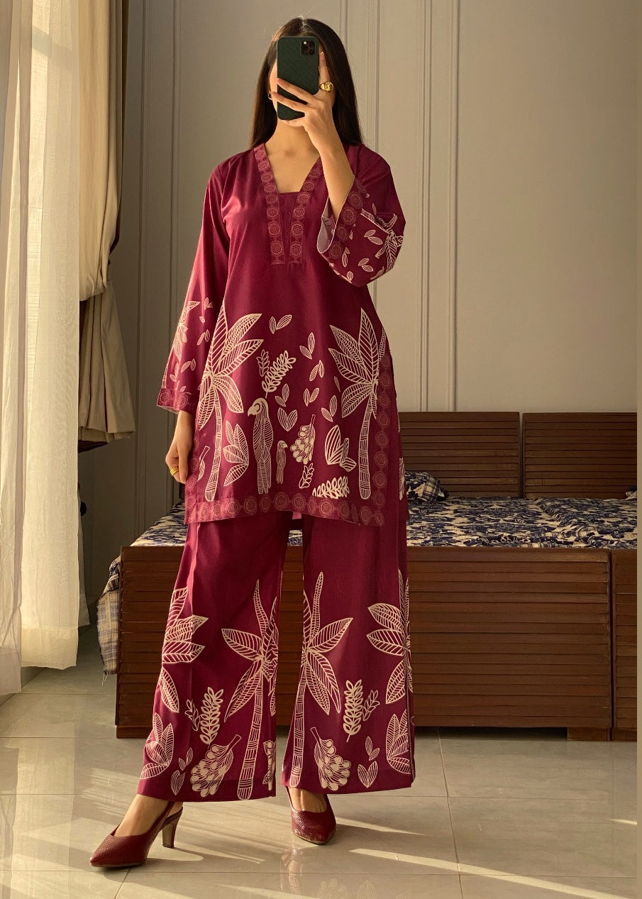 slub lawn Co Ord Sets in Maroon