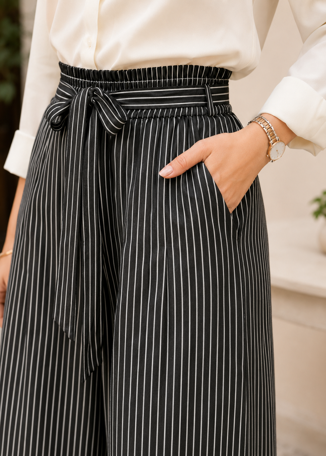 polyester Trousers in Black, warm grey