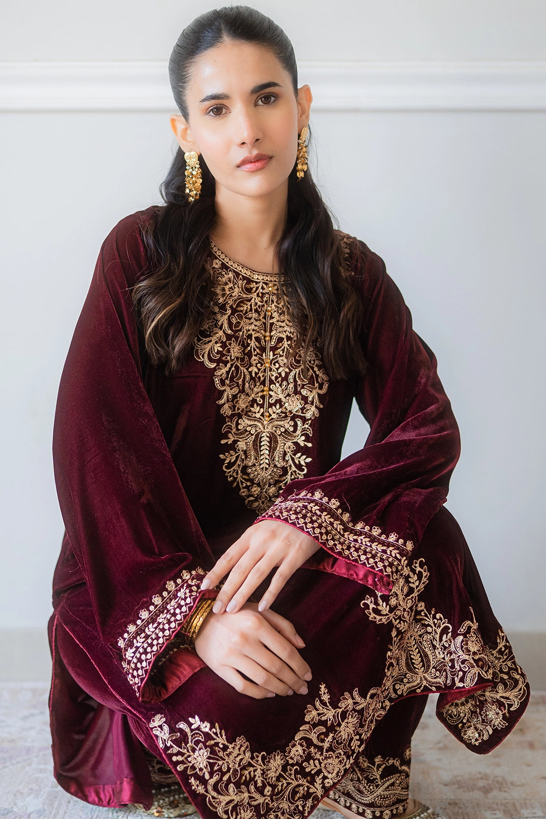 pashmina velvet Kurta Set in Cherry red