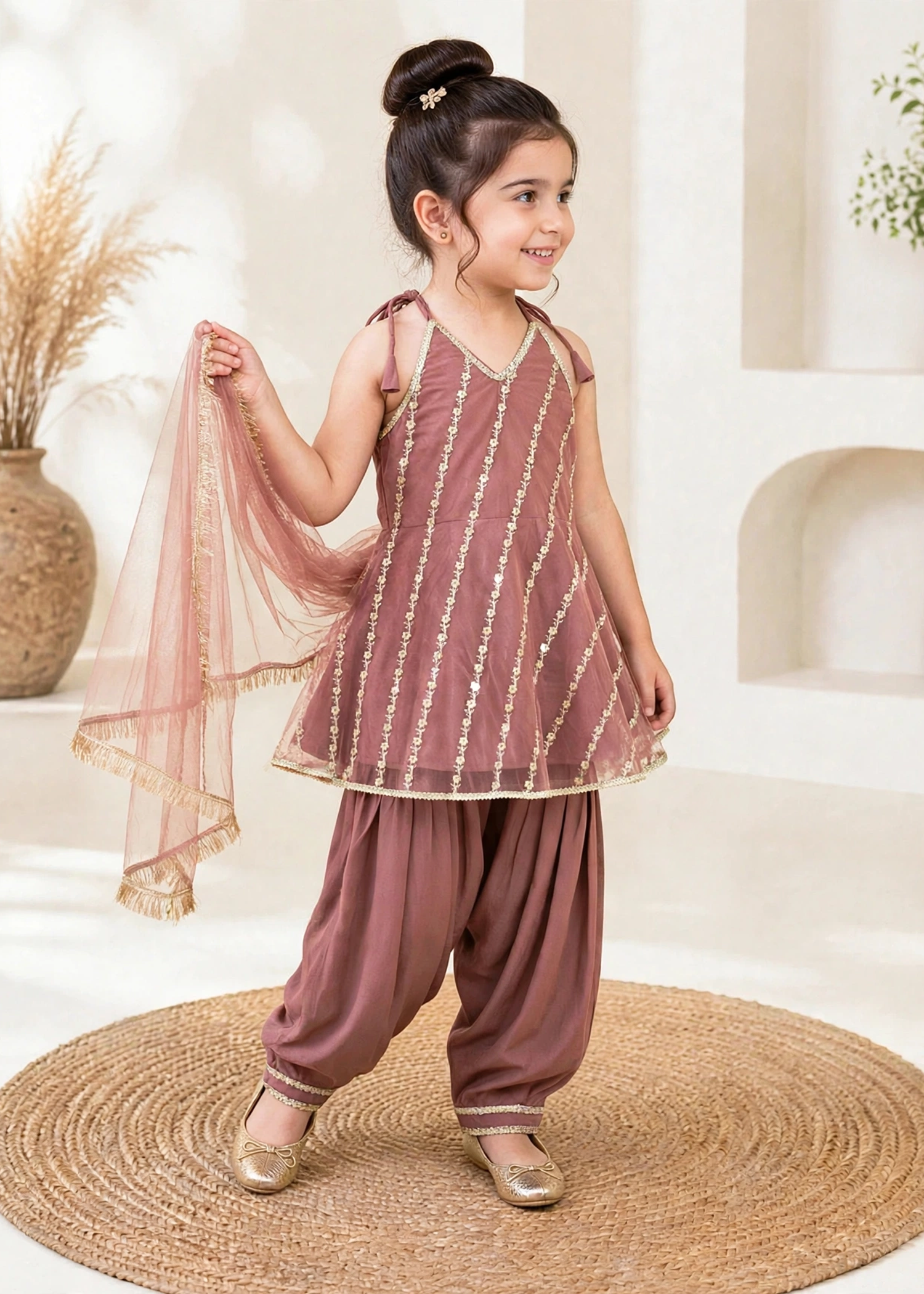 net Short Frock in Indian pink