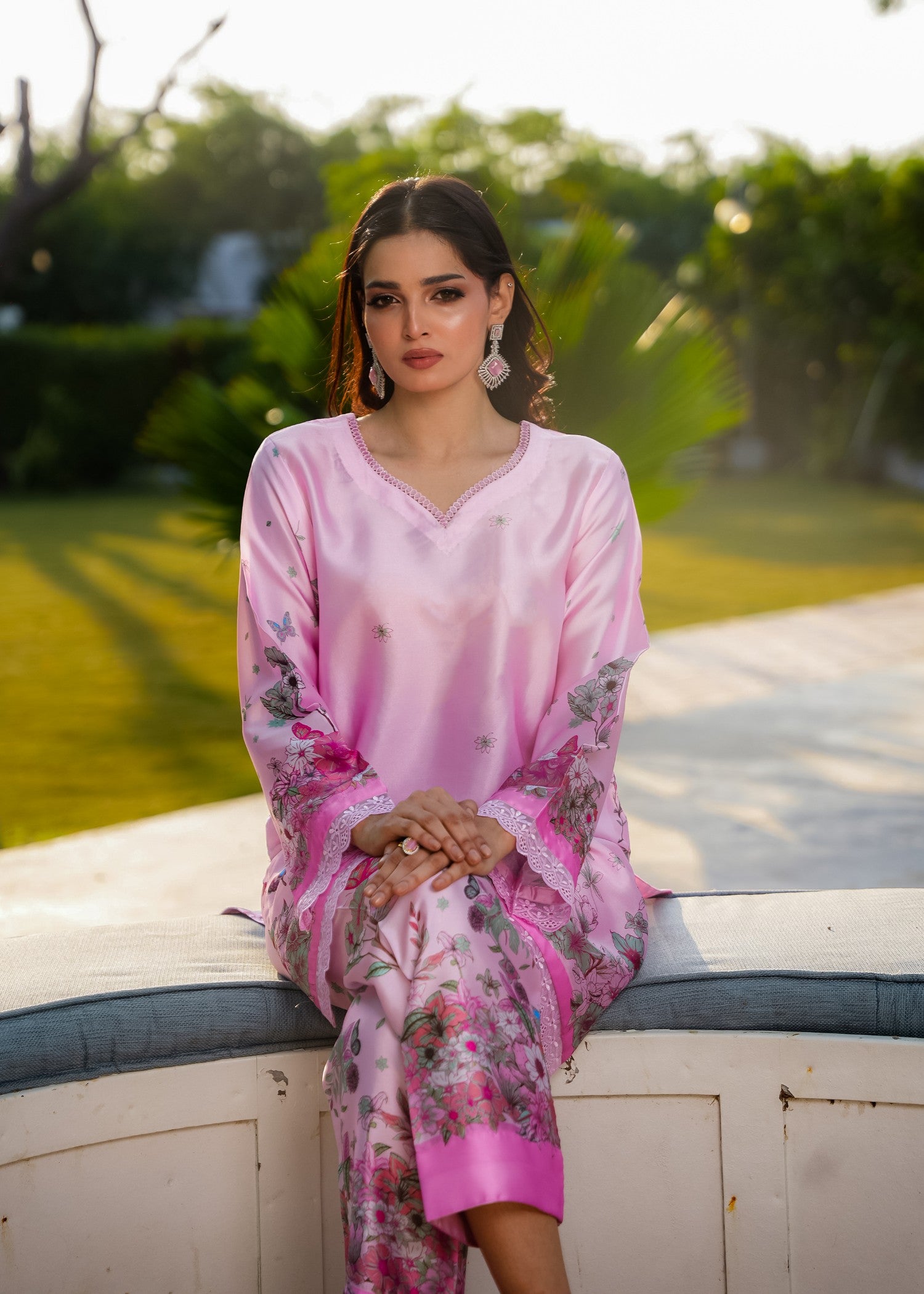 silk charmeuse Kurta Set in Bubblegum pink