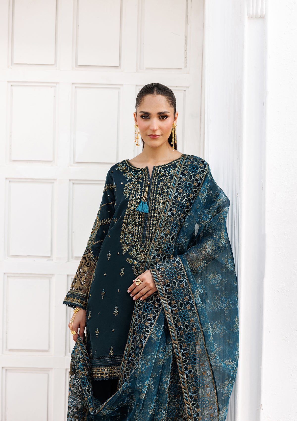 organza Kurta Set in Pine green