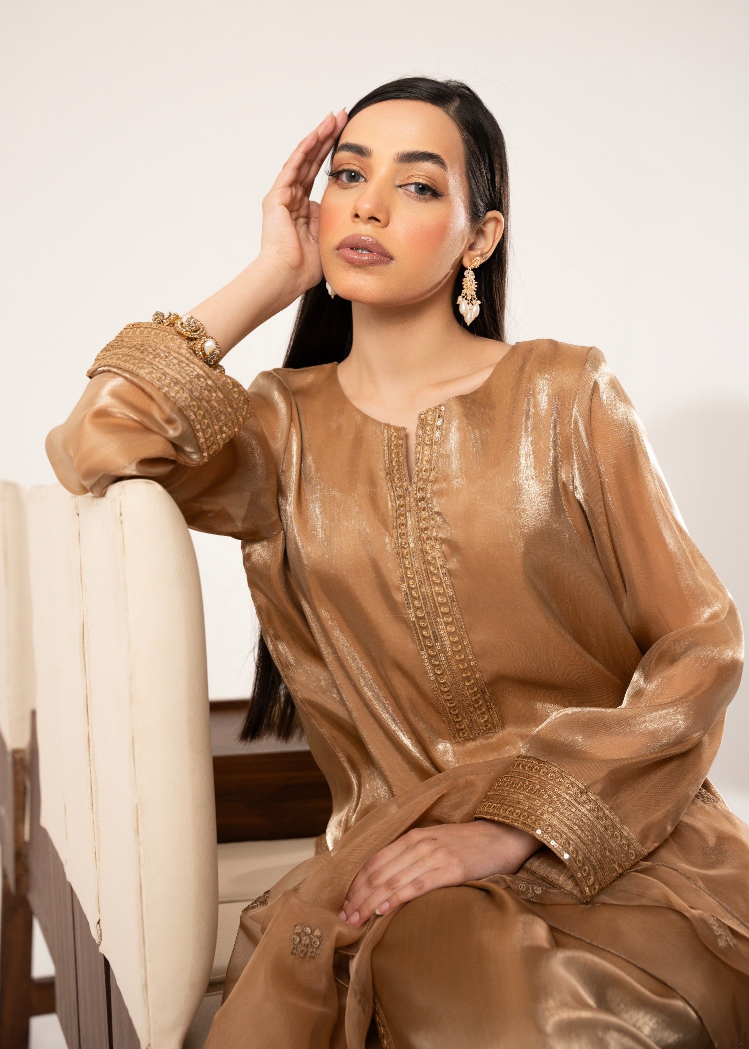 silk tissue Kurta Set in Gold