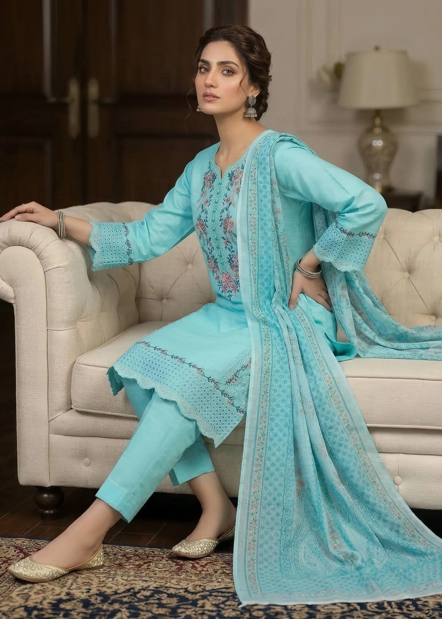 cambric cotton Kurta Set in Sky