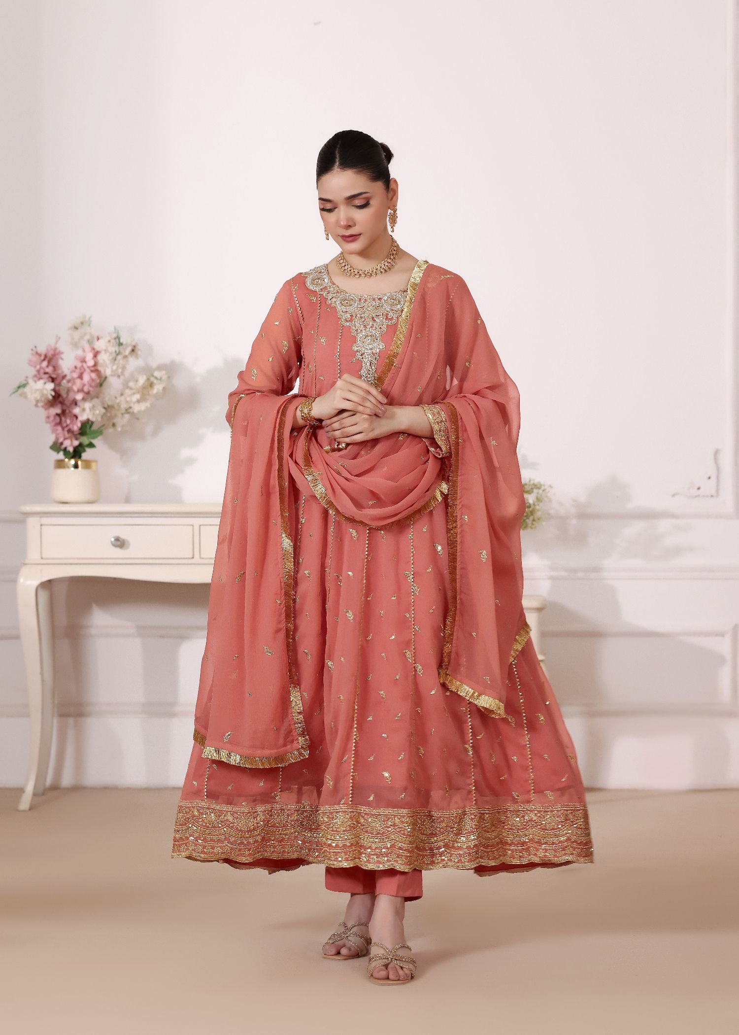 chiffon Pishwas in Peach orange