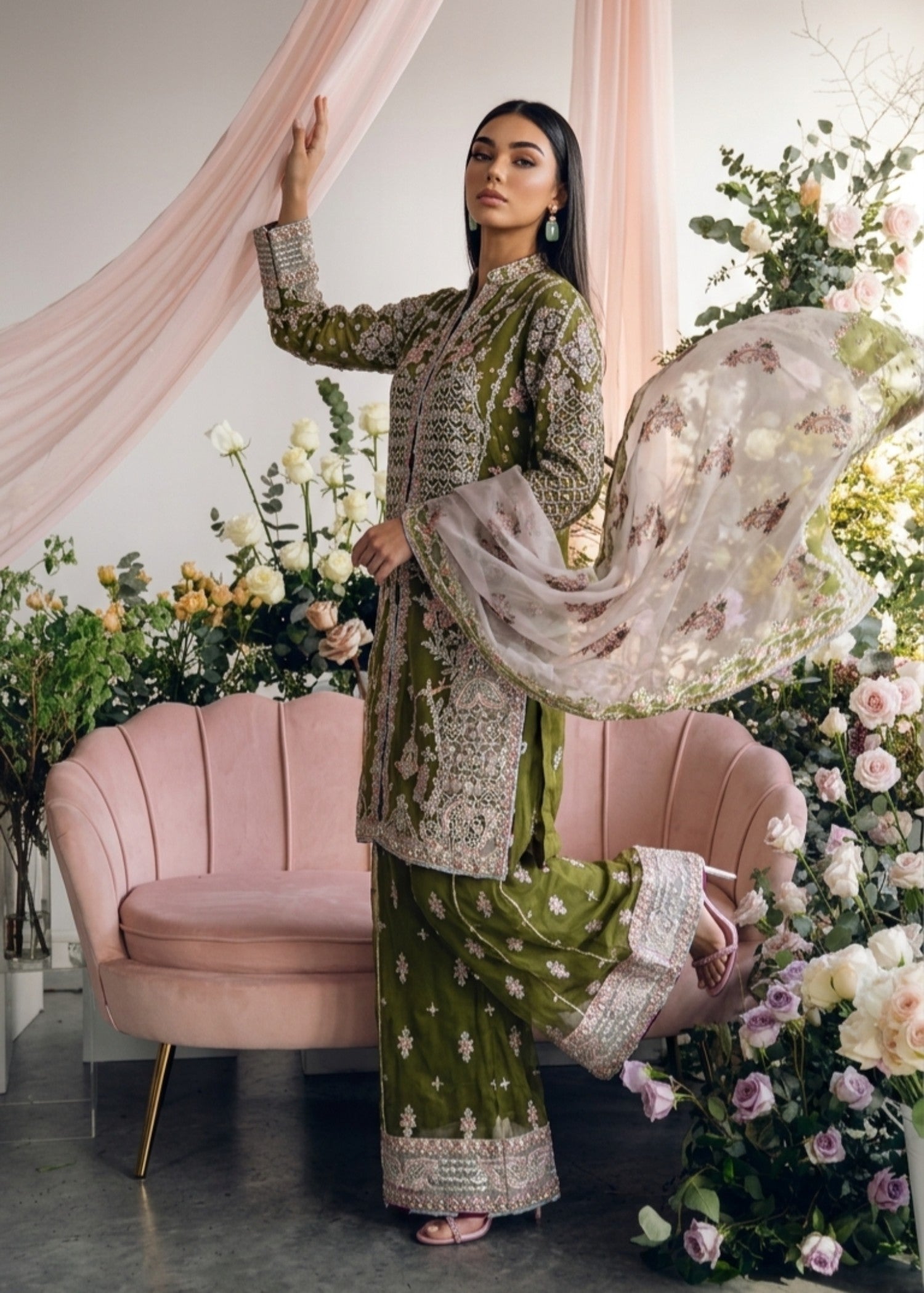 net Sharara in Avocado green