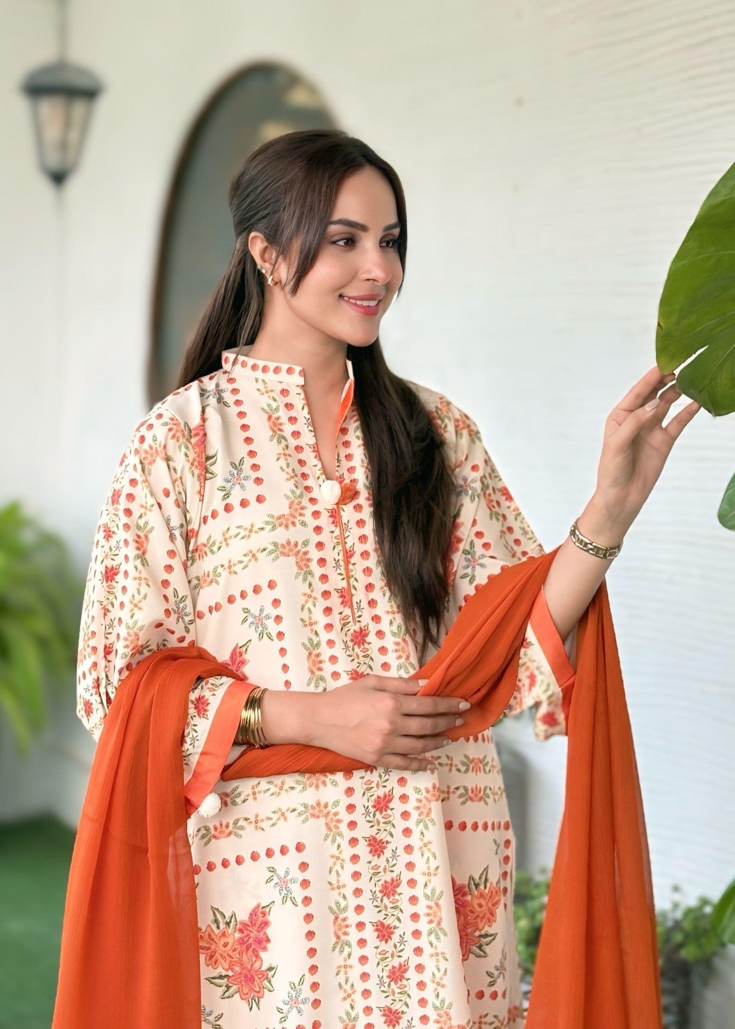 blended khaddar Co Ord Sets in Orange, beige
