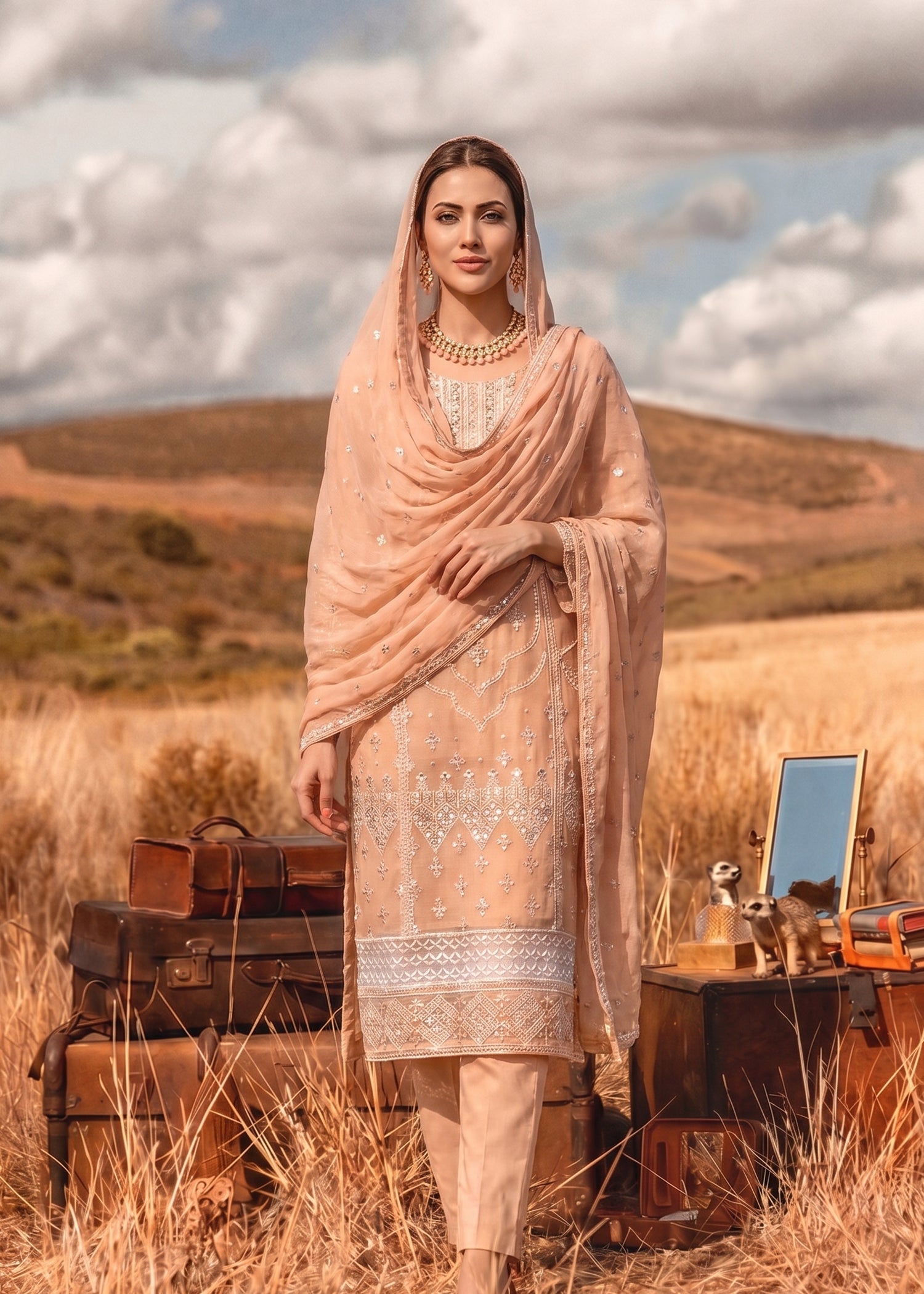 chiffon Kurta Set in Marmalade orange